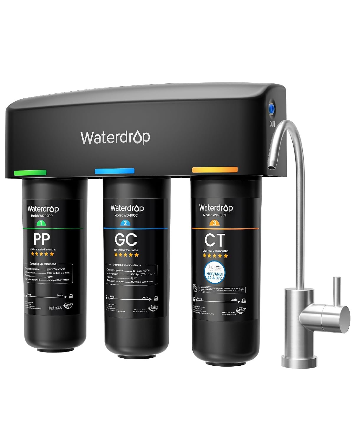 Waterdrop TSB 8 Layer Under Sink Water Filter System, with Dedicated Faucet