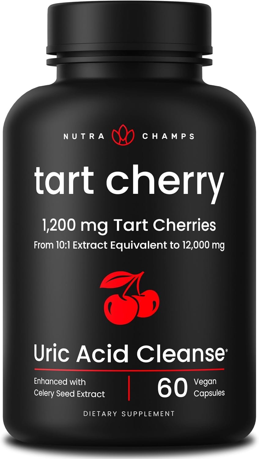 NutraChamps Organic Tart Cherry Extract Capsules – Made from Montmorency Tart Cherry Concentrate, Celery Seed & Bilberry – Supports, Sleep, Uric Acid Levels & Joint Health – 60 Vegan Capsules