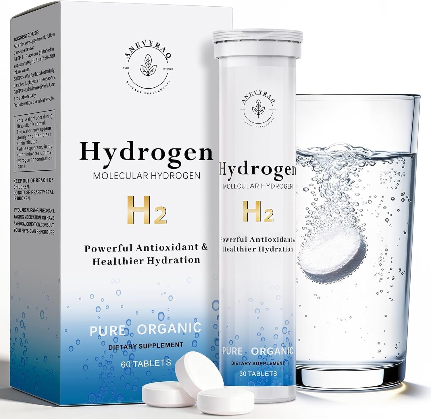 Hydrogen Water Tablets with Magnesium, 8 PPM Molecular Hydrogen, 60 Count