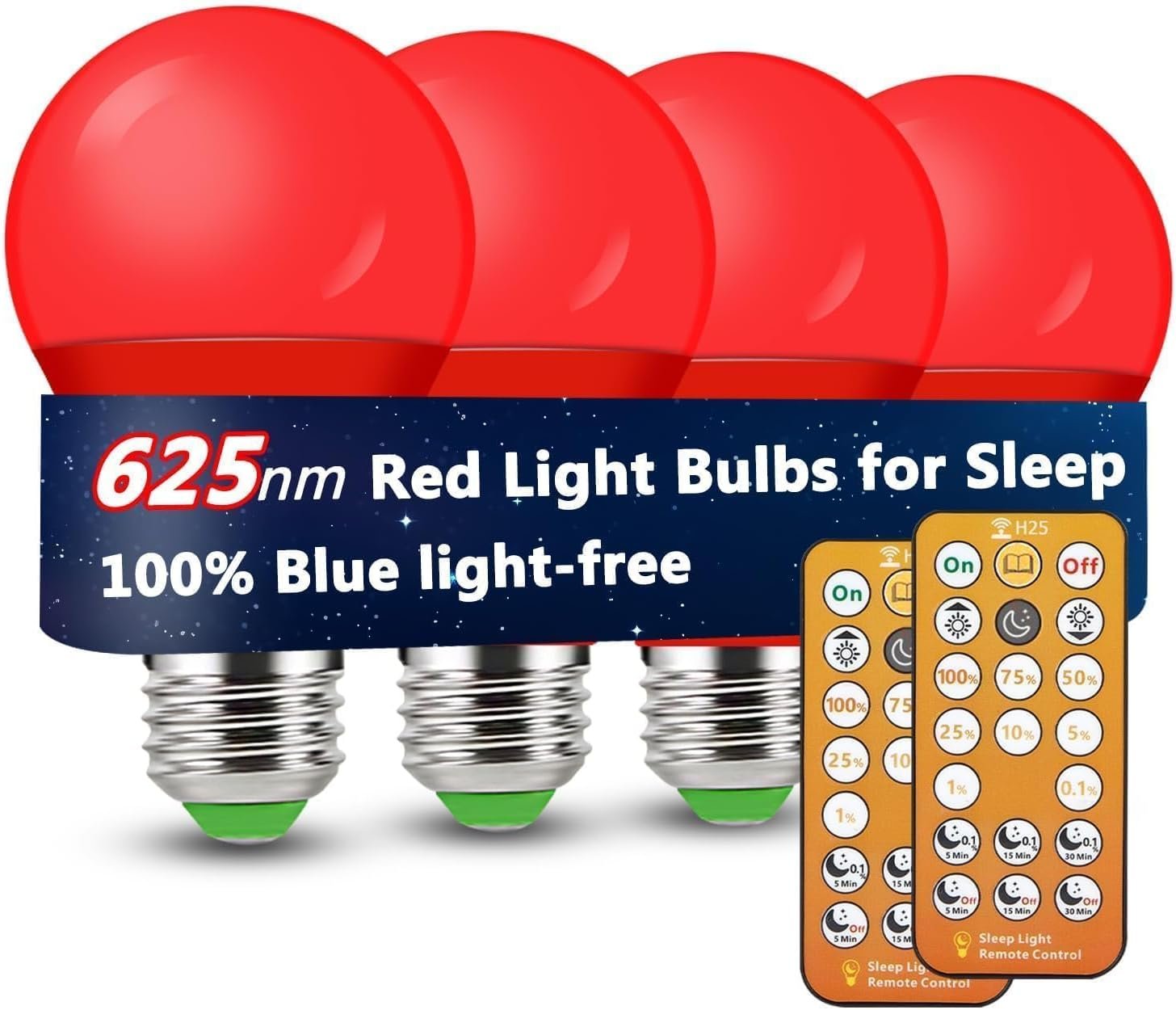 625nm Red Light Bulb for Sleep with Remote Control, 9W E26 A19 LED Blue Light Blocking Light Bulbs for Sleep Aid, Baby Nursery, Bedroom (4 Packs)