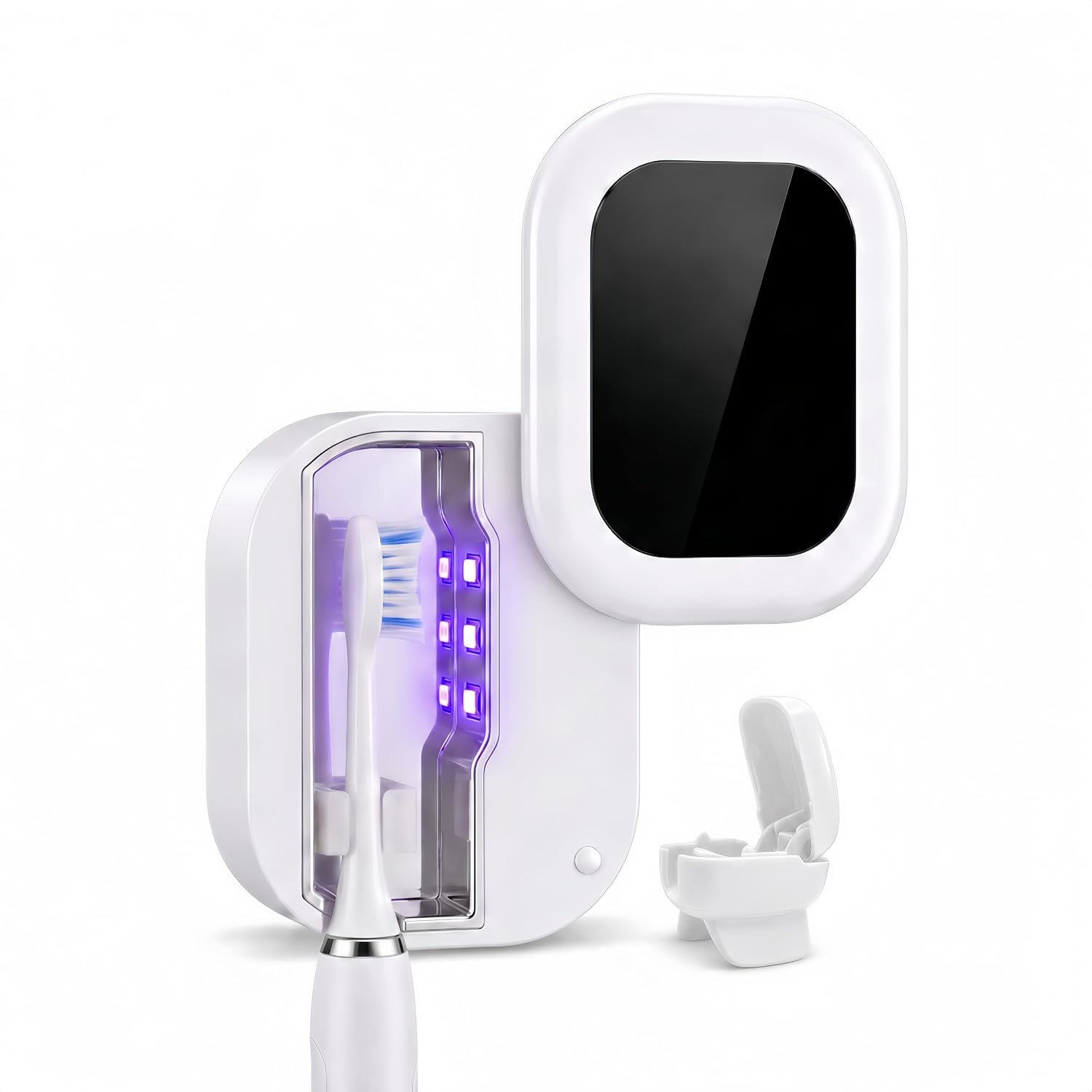 UV-C Toothbrush Sanitizer with Travel Brush Cover – Twist-Lock Lid, Dual UV-C Lights, Detachable Wall Mount (No Drilling), Fits Electric & Manual Toothbrushes, USB-C Rechargeable (White)