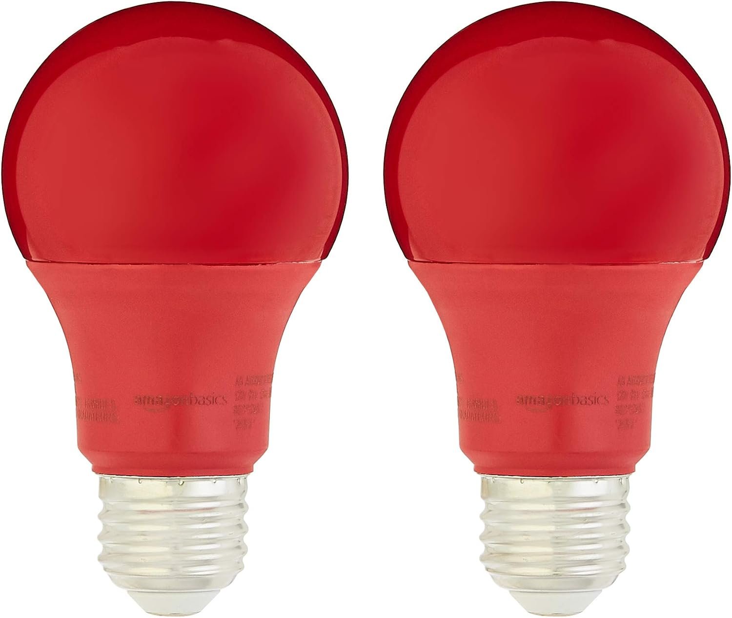 Amazon Basics A19 Red Color Party LED Light Bulbs, 60W Equivalent, 9W Energy Efficient, E26 Standard Base, Non-Dimmable, 10,000 Hour Lifetime, 2-Pack