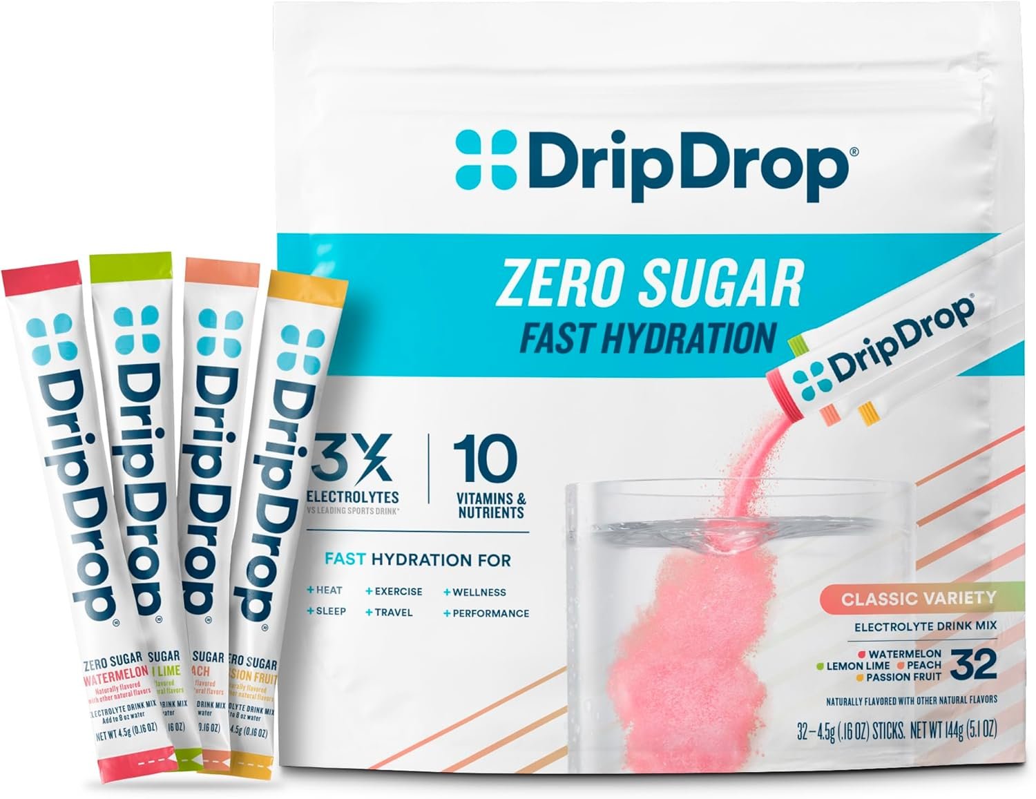 DripDrop Hydration Sugar Free Electrolyte Packets, Variety Pack, 32 Count