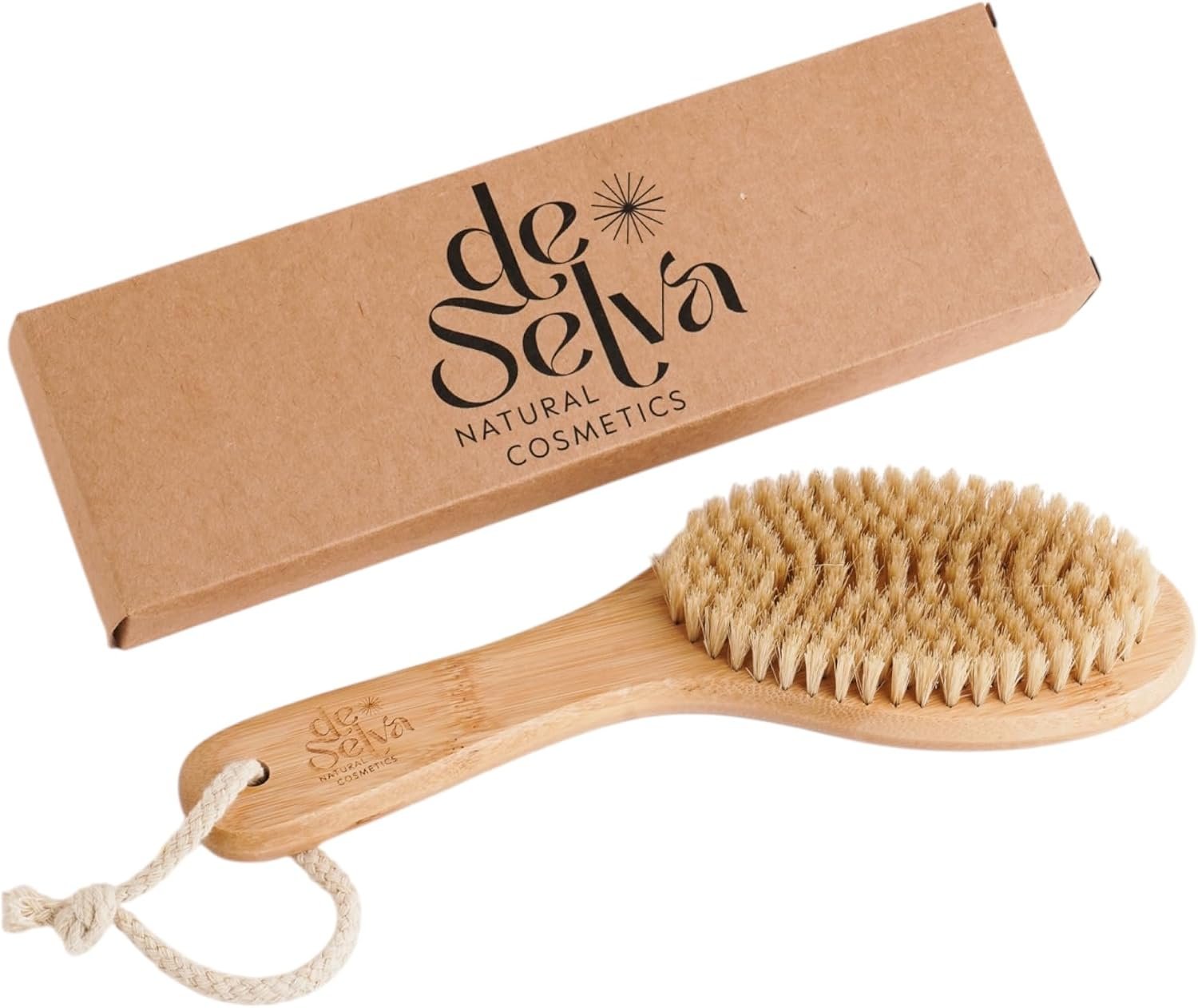 De Selva Dry Body Brush with Natural Boar Bristles and Bamboo Handle – Exfoliating Body Brush for Smoother-Looking Skin, Massage and Dry Brushing Routine – 1 Brush with Box