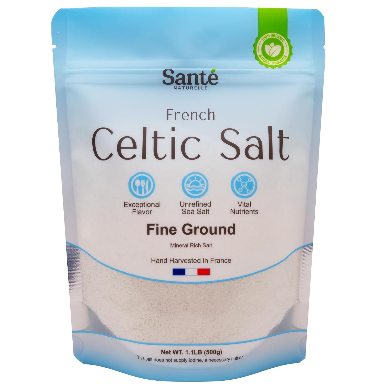 Sante Naturelle Celtic Salt Organic Fine Ground – 1.1lb (18oz) Unrefined French Mineral Sea Salt, Rich in 82+ Minerals, 100% Natural & Hand Harvested Sal Celtica