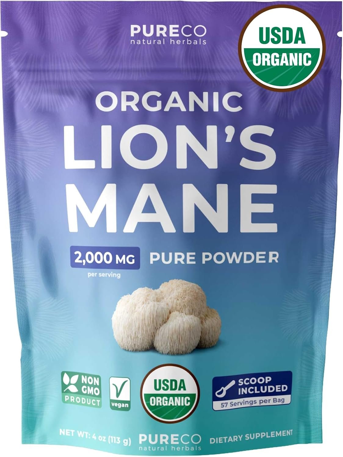 USDA Organic Lion’s Mane Powder – Lion Mane Mushroom Supplement for Coffee Smoothies & More – Nootropic Brain Supplement for Memory and Focus Support – Vegan Non-GMO & No Fillers (57 Servings)