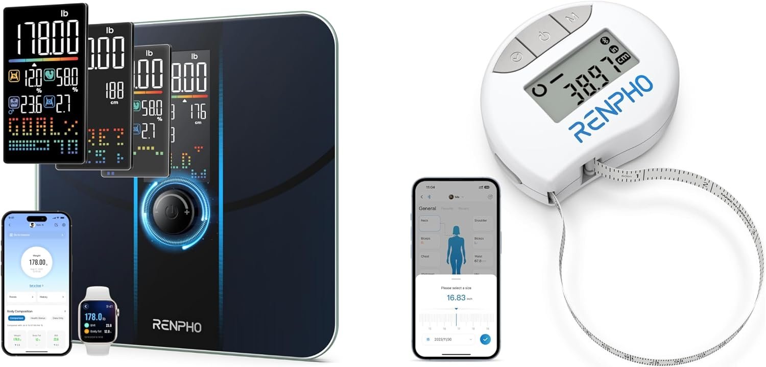 RENPHO Smart Scale for Body Weight, Body Fat Scale for BMI, Body Fat, Muscle Mass, RENPHO Body Measuring Tape, Smart Tape Measure for Weight Loss