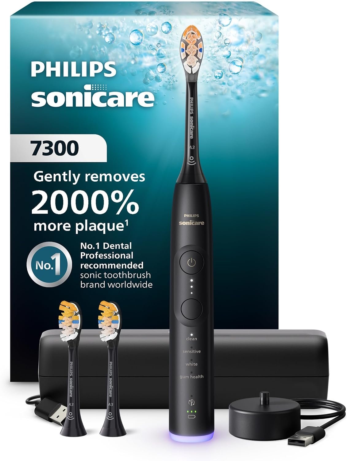 Philips Sonicare 7300 Rechargeable Electric Toothbrush, 3 Brush Head, Black