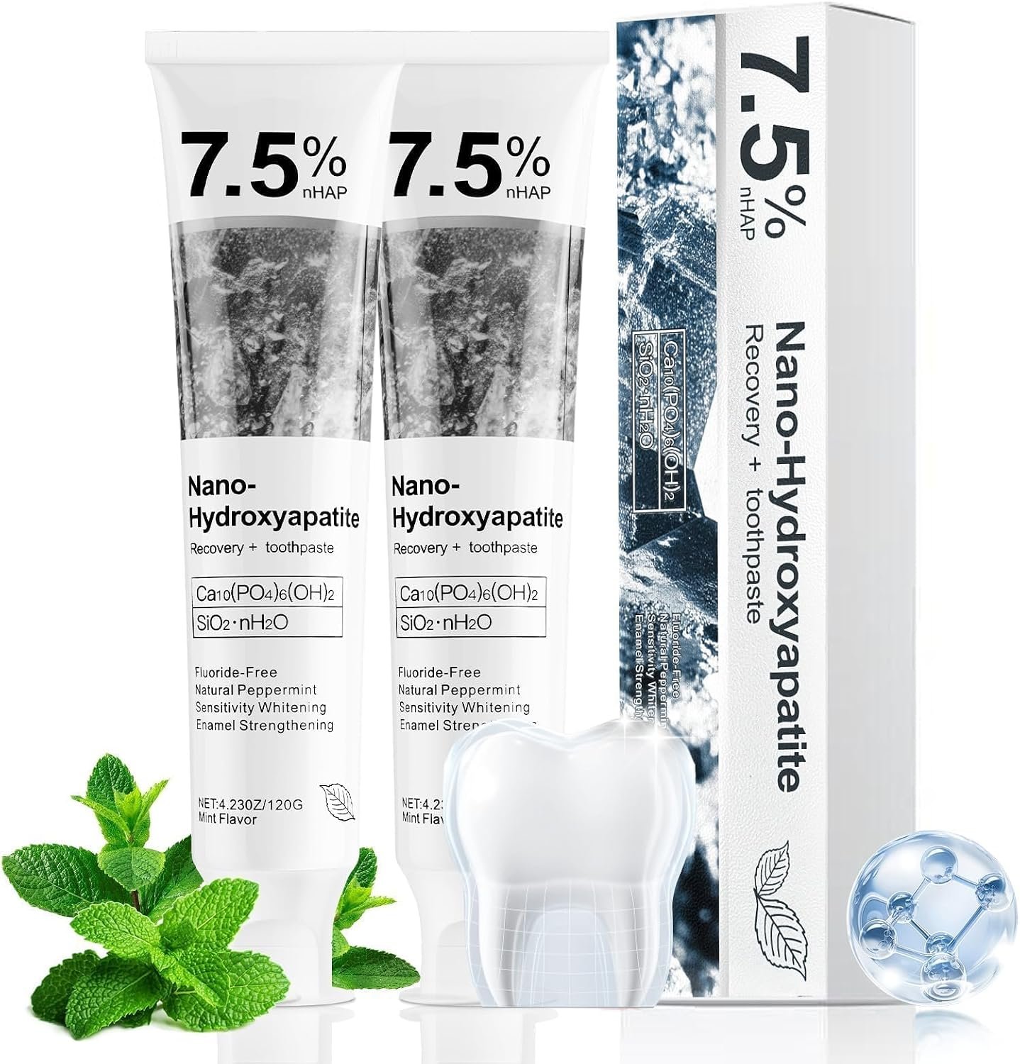 7.5% Nano Hydroxyapatite Toothpaste Helps Remineralize, Protects Enamel, Dentist-Formulated Whitening Toothpaste for Sensitive Teeth, Natural Peppermint, Fluoride-Free (2Pack, Natural Peppermint)