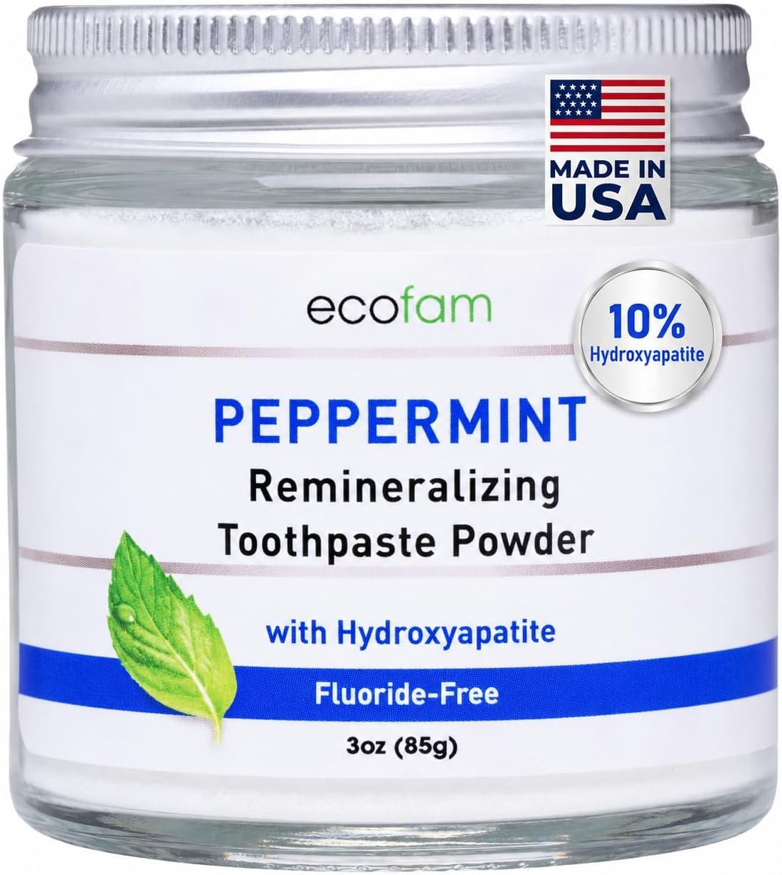 Ecofam Toothpaste Powder – Remineralizing Tooth Powder, Hydroxyapatite and Xylitol, Fluoride Free, Supports Enamel Strength & Gum Health – Peppermint