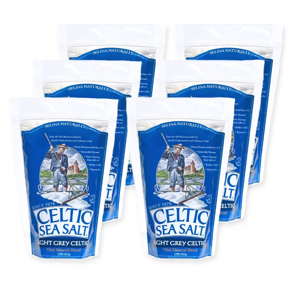 Light Grey Celtic Sea Salt Resealable Bags – Additive-Free, Delicious Sea Salt, Perfect for Cooking, Baking and More – Gluten-Free, Non-GMO Verified, Kosher and Paleo-Friendly, 1/2 Pound Bag (6 Count)