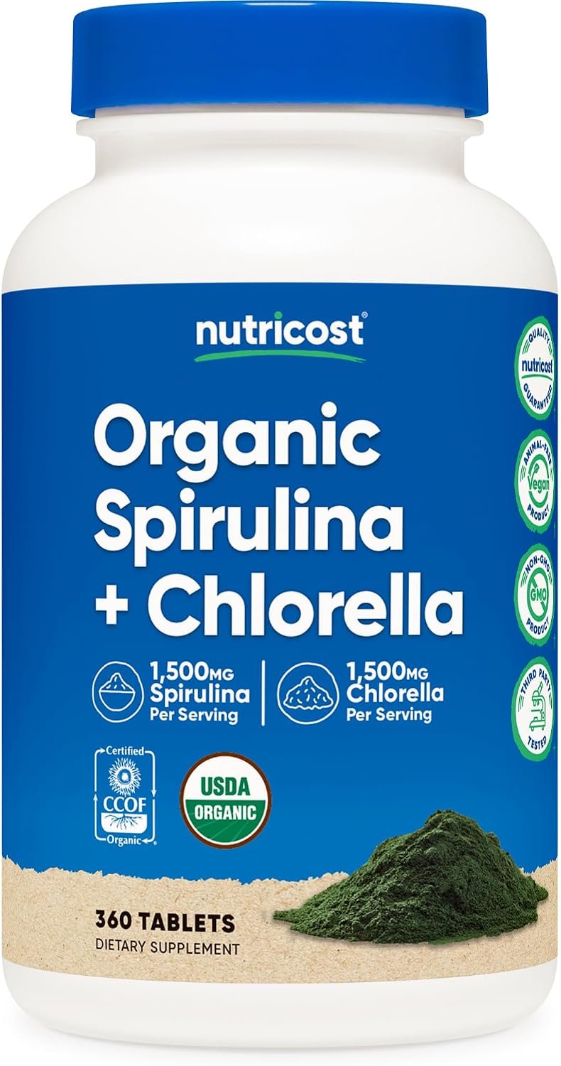 Nutricost Organic Spirulina + Chlorella (3,000mg) 360 Tablets, USDA Organic