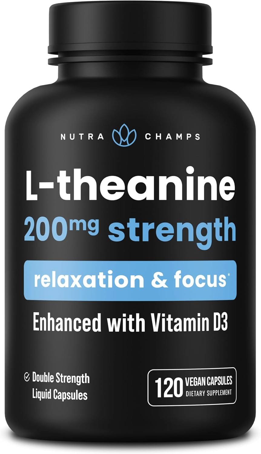 NutraChamps L-Theanine 200mg Capsules | Double-Strength L-Theanine Liquid with Vitamin D3, Organic Coconut Oil | Supports Mood, Focus, Stress Relief | for Kids & Adults | 120 Vegan Capsules