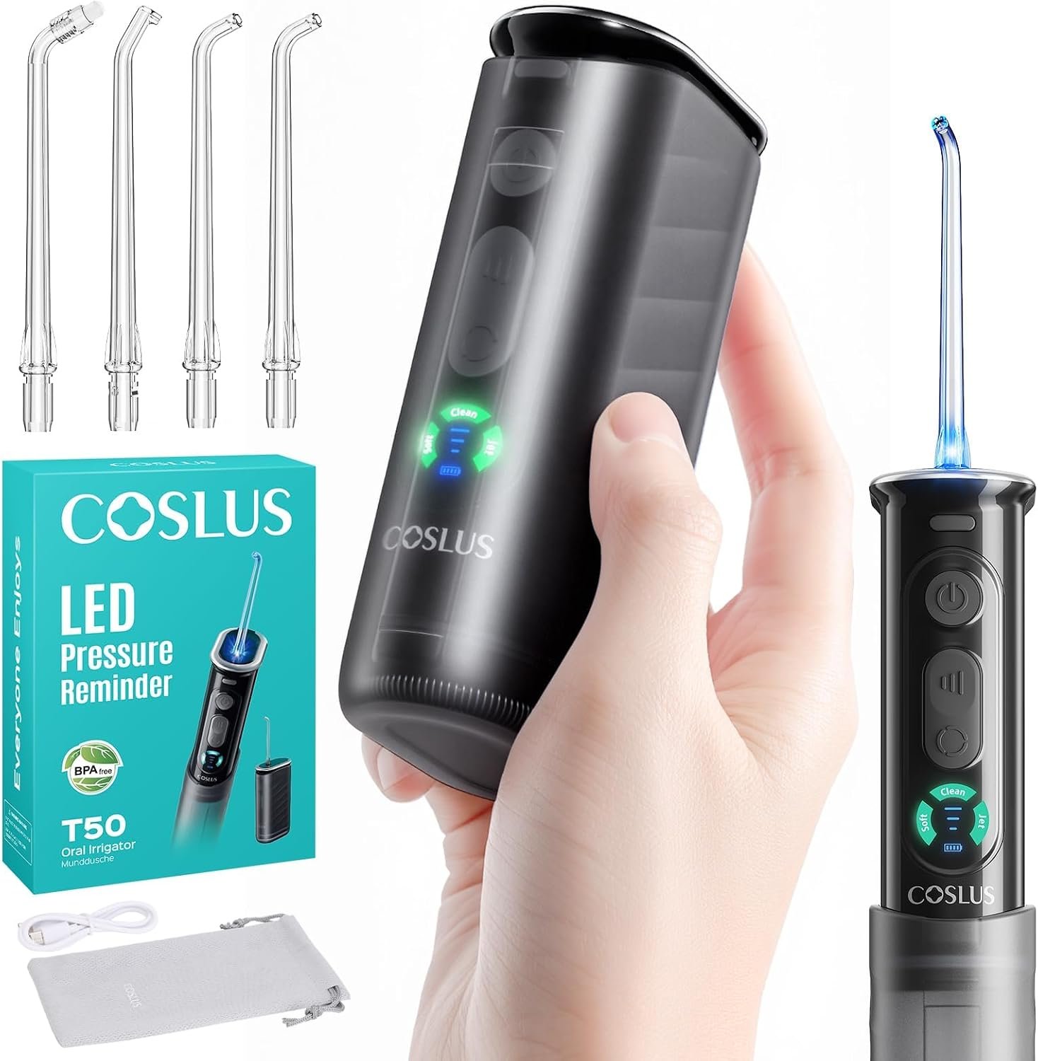 COSLUS T50 Portable Travel Water Dental Flosser with Screen Display, Black