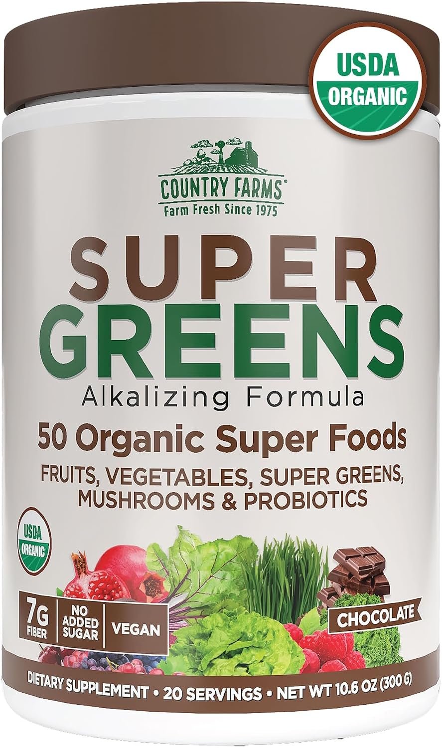 Country Farms Organic Super Greens Powder, Daily Greens Drink Mix with 50 Organic Superfoods, Fruits, Vegetables, Fiber, Mushrooms & Probiotics for Gut Health, Digestion & Energy, Chocolate Flavor