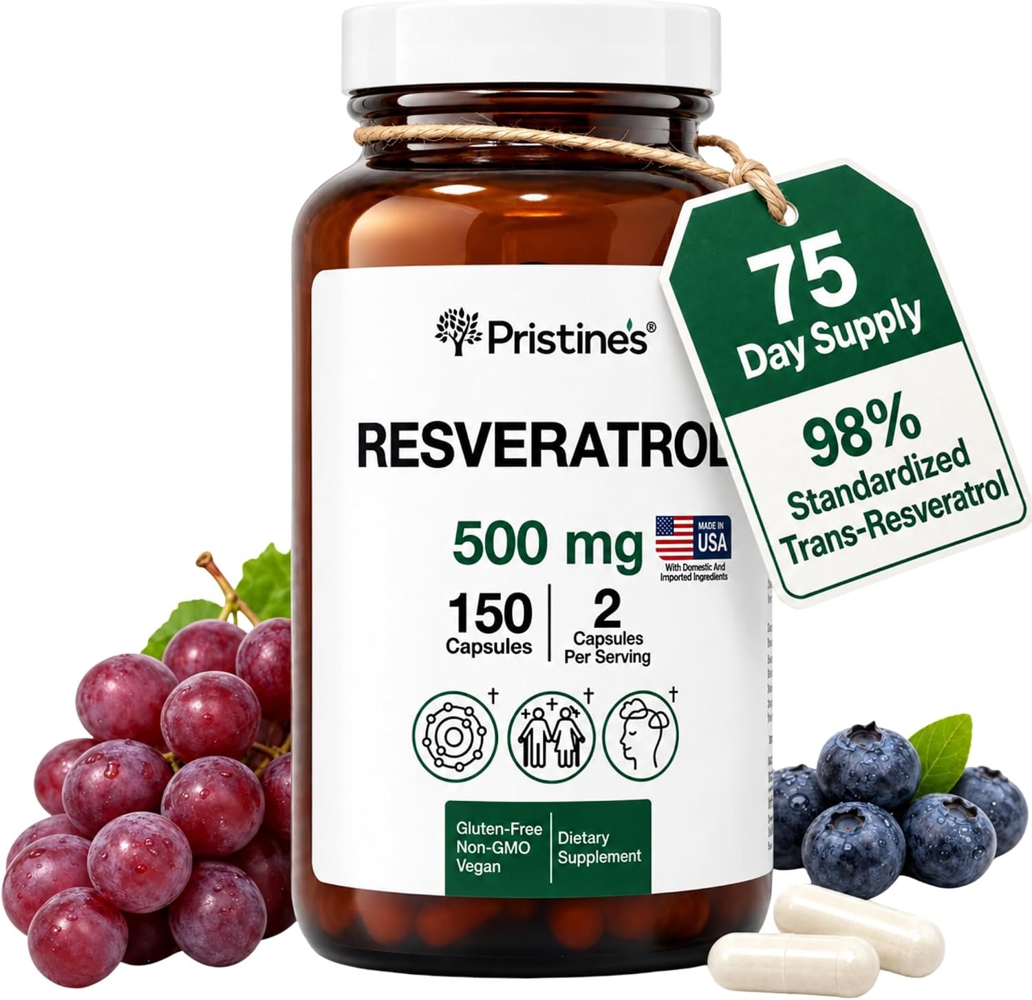 PRISTINE’S Resveratrol Supplement 500mg, 98% Trans Resveratrol Capsules