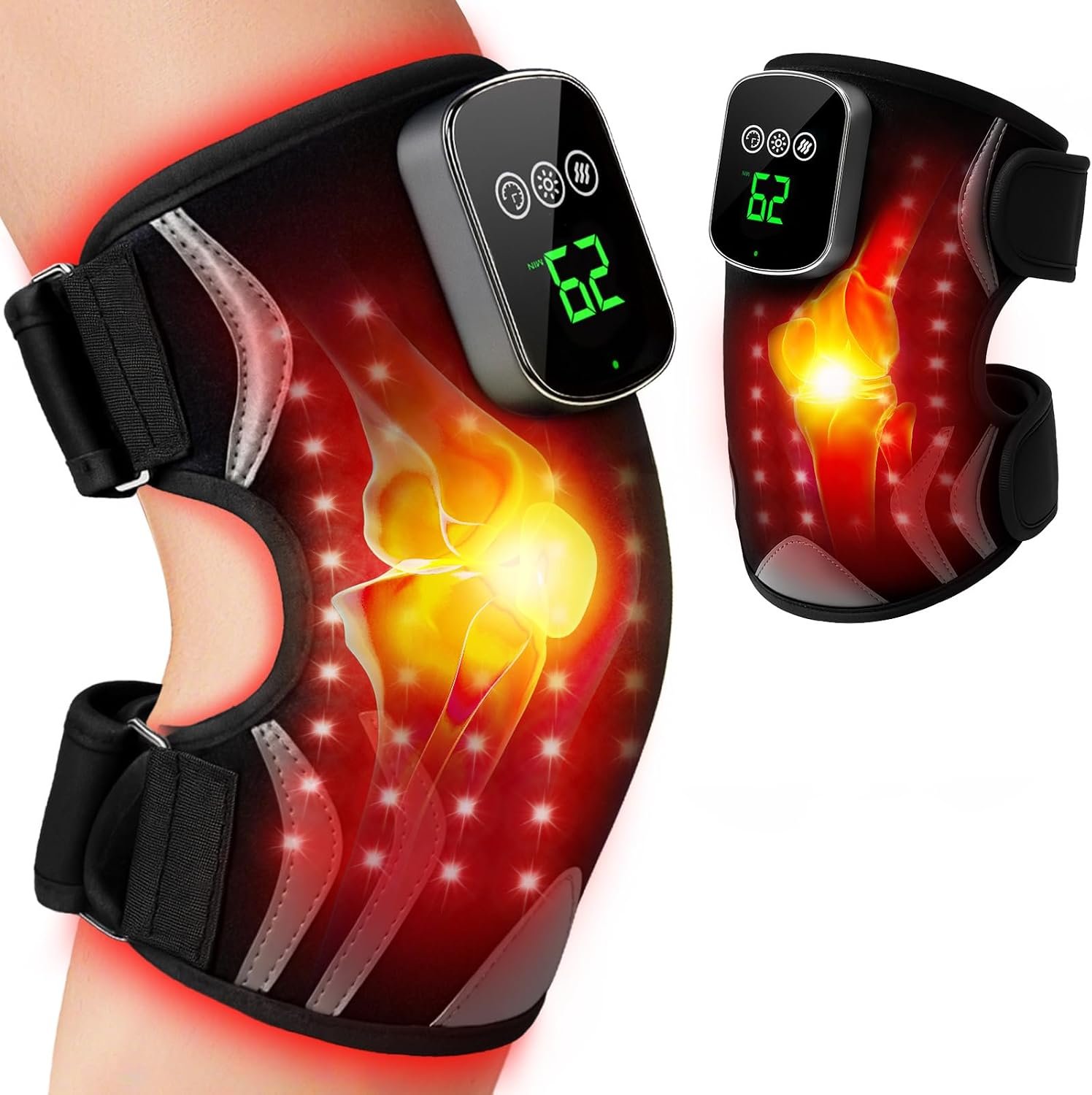 Red Light Therapy Knee Brace with Massage, 3 Vibration Knee Massager with 660nm 850nm Infrared Red Light, 5000mAh Cordless Electric Heated Knee Wrap for Knee Joint Elbow