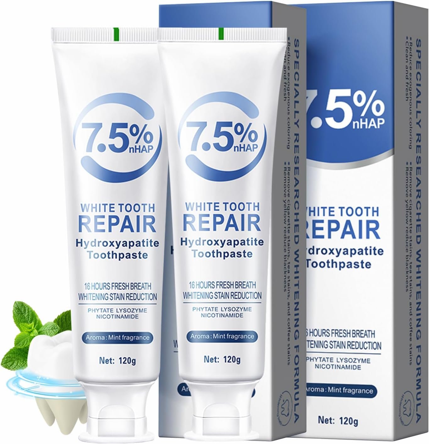 7.5% Hydroxyapatite Toothpaste, Fluoride-Free Daily Enamel Repair & Remineralizing Formula for Sensitive Teeth, Gentle Whitening & 16H Fresh Breath, Mint Flavor Family Safe Oral Care, 2 Pack