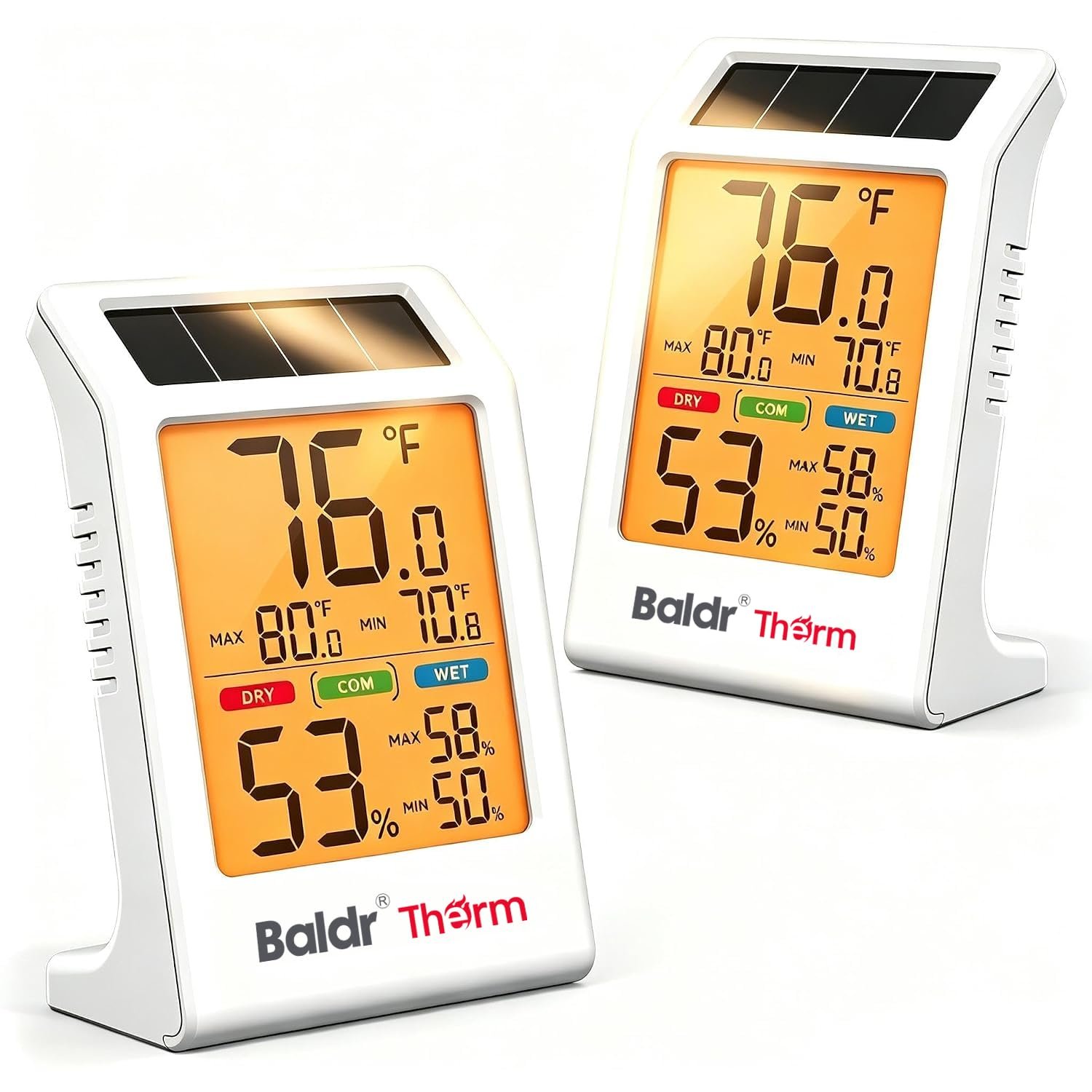 BALDR 2-Pack Indoor Thermometer Humidity Meter with Backlight Solar Powered