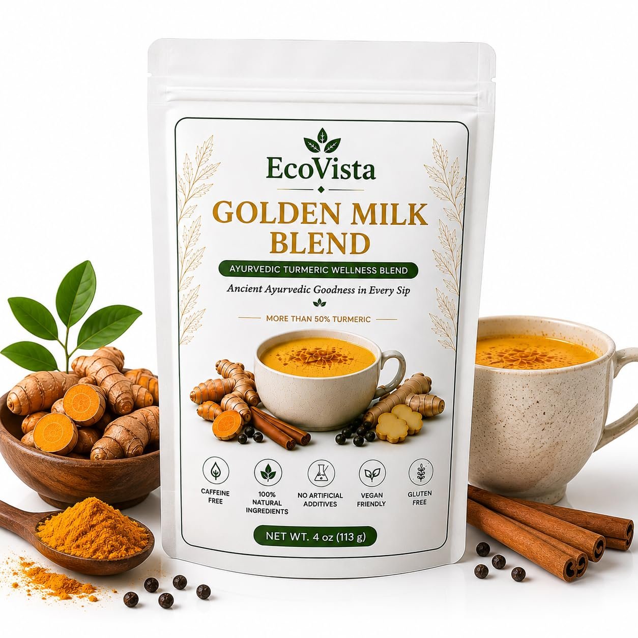 Ecovista Organic Golden Milk Powder 4oz – Turmeric, Ginger & Ceylon Cinnamon Blend | Unsweetened Golden Turmeric Latte Mix | Vegan, Non-GMO, Keto-Friendly | Ayurvedic Spice for Wellness Drinks