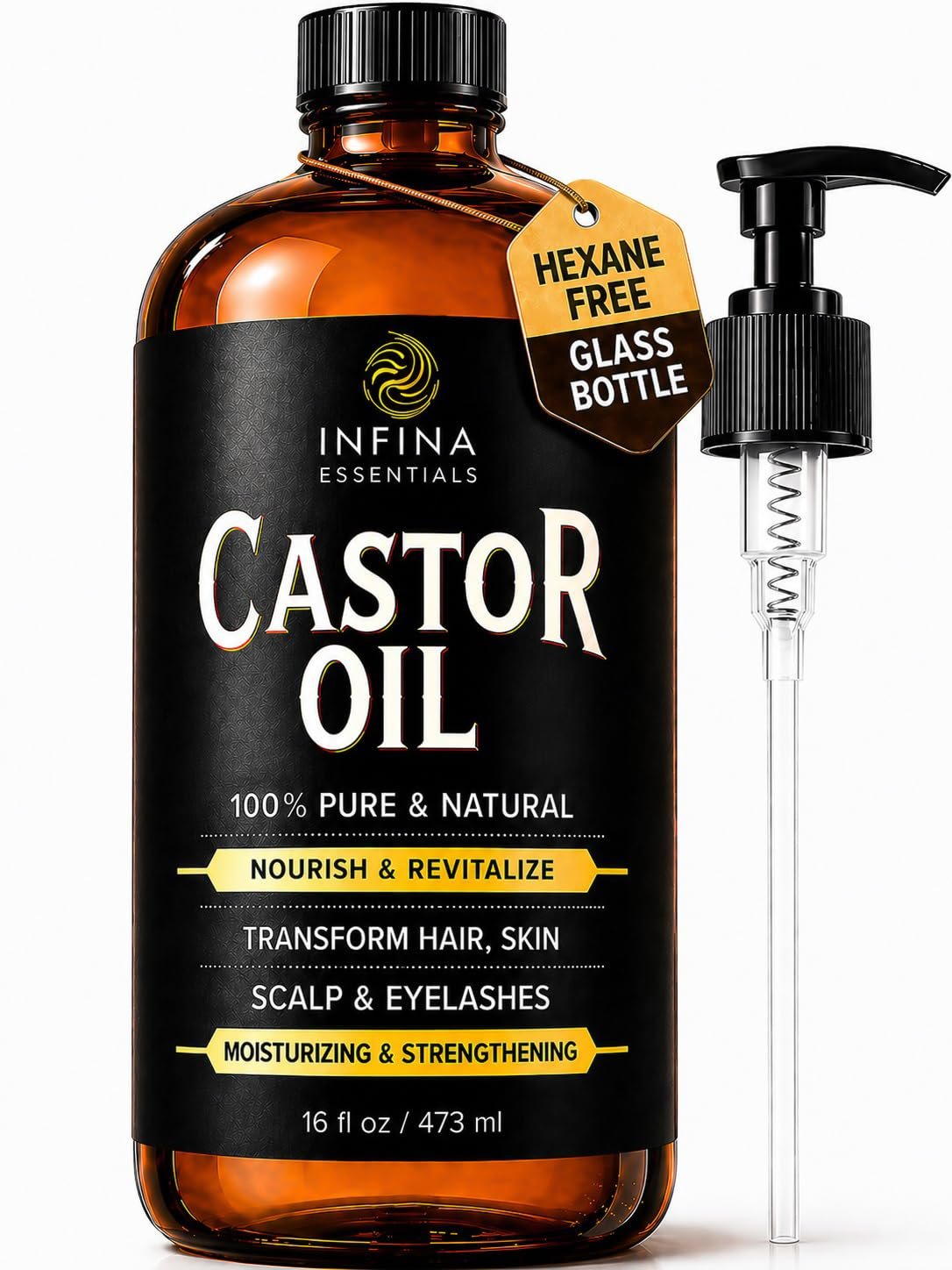 Pure Cold Pressed Castor Oil, Hexane Free Glass Bottle Unrefined, 16 fl oz
