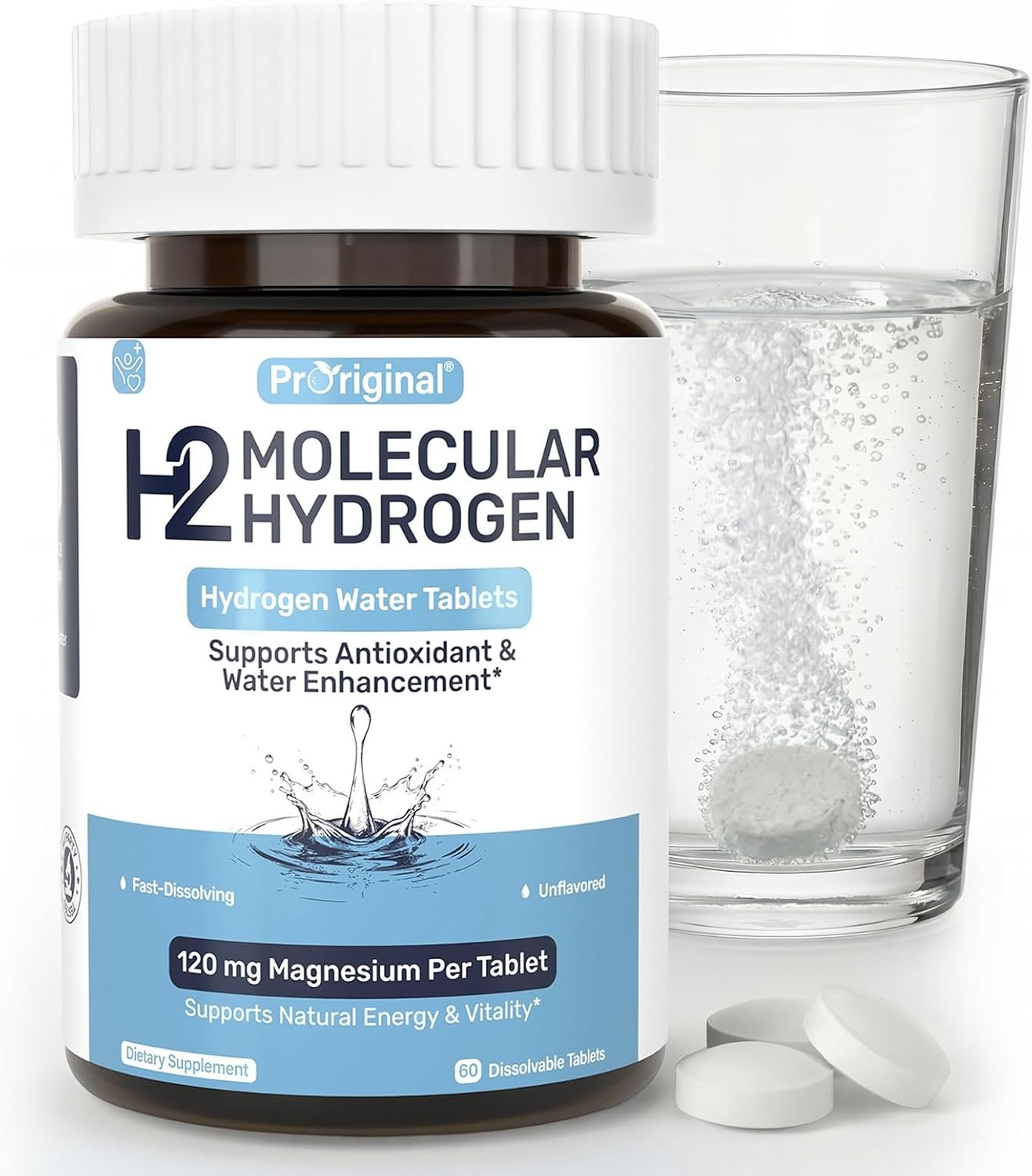 Hydrogen Water Tablets – 12 PPM H2 Molecular Hydrogen – 120 mg Magnesium-Based Reaction System – Supports Antioxidant Defense, Cellular Health, Energy & Brain Function – Non-GMO, Unflavored 60 Tablets