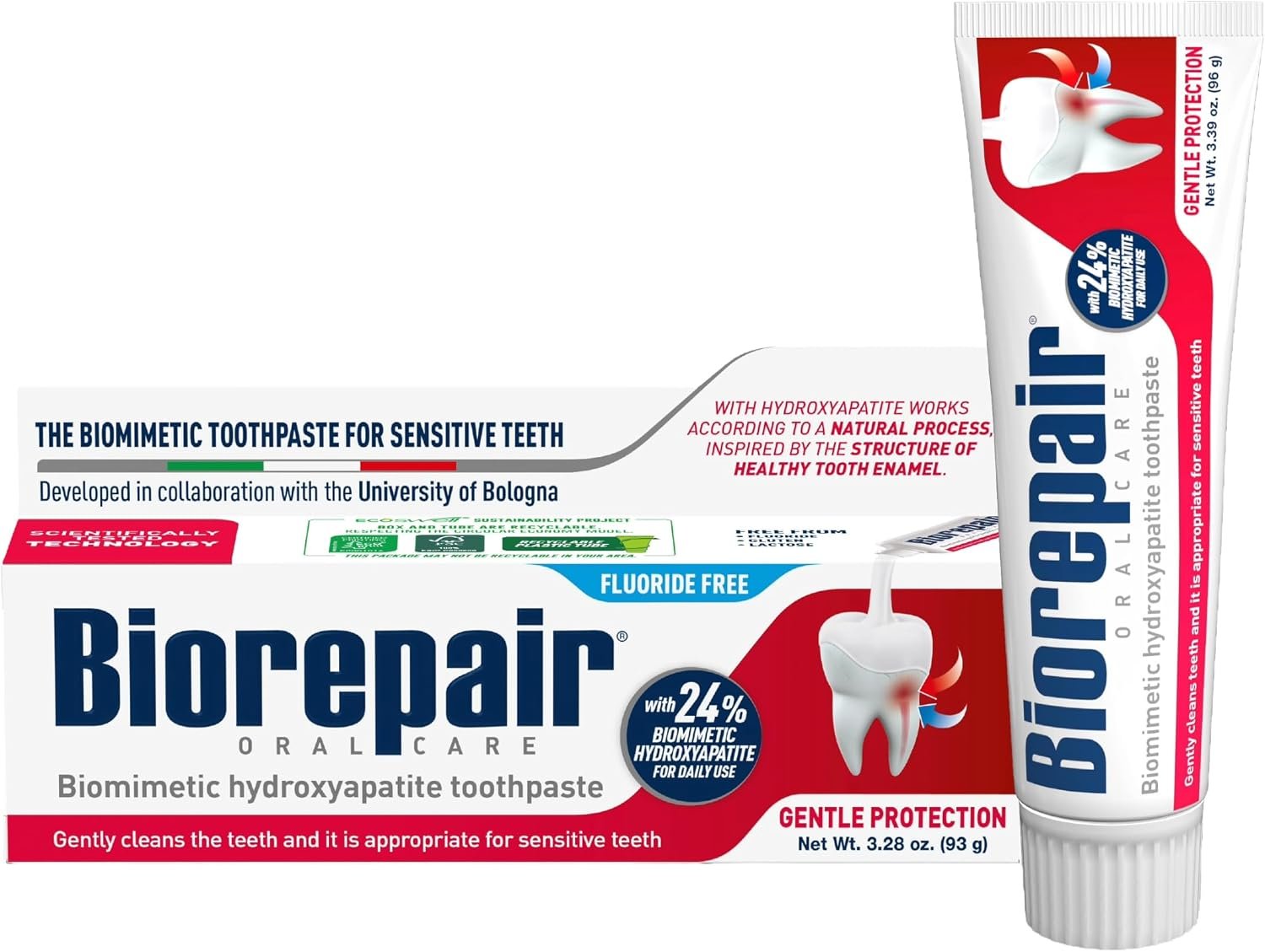 BIOREPAIR Gentle Protection- 24% Hydroxyapatite Toothpaste for Sensitive Teeth, Daily Use, Fluoride Free Toothpaste, Helps Prevents Plaque Build-Up & Freshens Breath, Oral Care, 3.28 Oz, Made in Italy