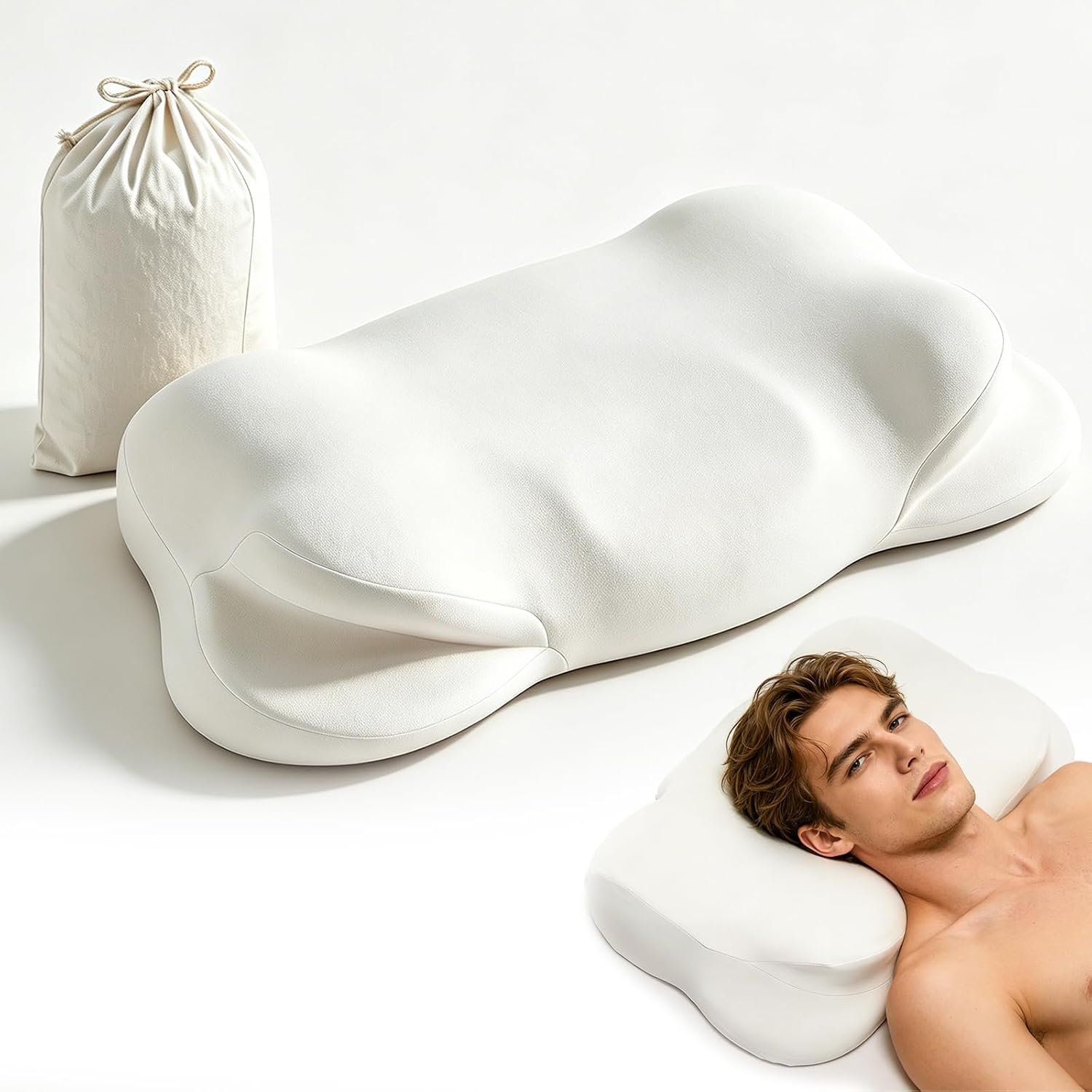 Cloud Pillow, Ergonomic Memory Foam Pillow, Cervical Neck Support & Pressure Relief, Cooling Breathable Cover, Sleep Relaxer for Side, Back & Stomach Sleepers