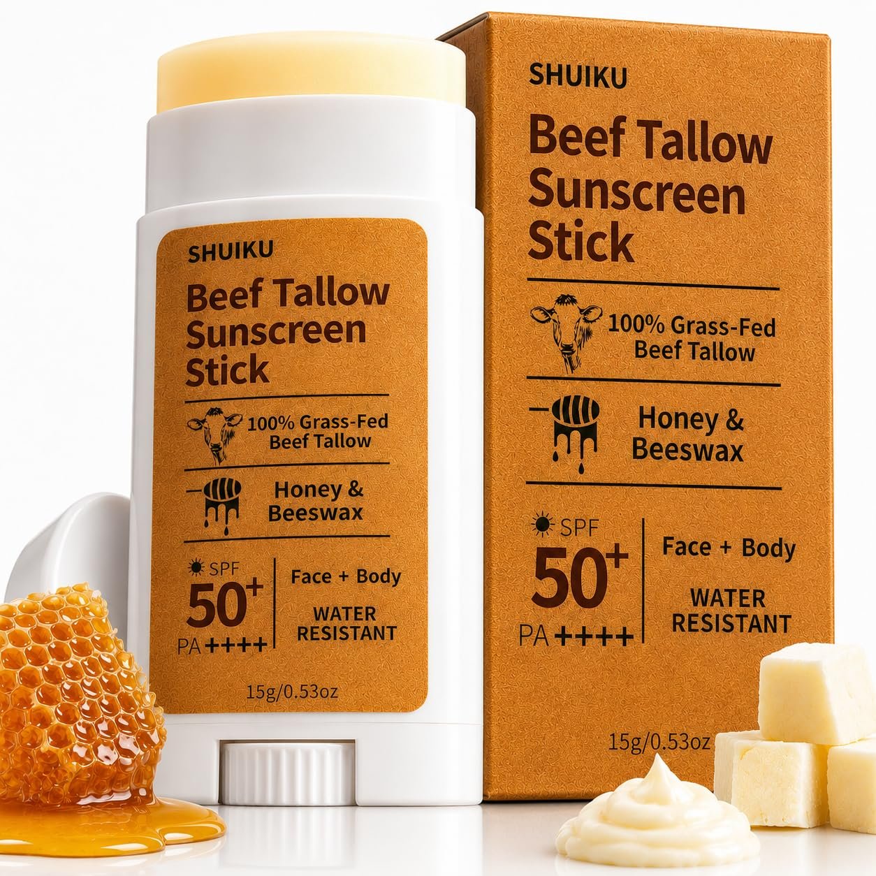 Beef Tallow Sunscreen Organic Stick SPF 50 – Non Nano Zinc Oxide Tallow-Based Mineral Sunscreen with Honey & Beeswax for Face & Body, Water-Resistant Natural Sunblock, 0.53 oz
