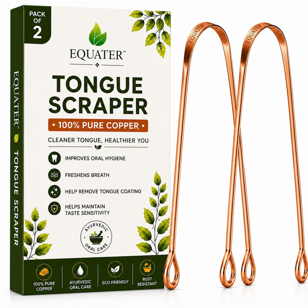 Equater Pure Copper Tongue Cleaner for Adults | Tongue Scraper for Oral Care | Ayurvedic Tongue Cleaner | Pack of 2