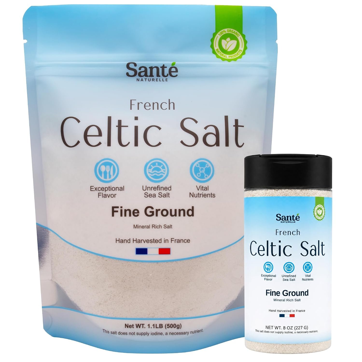 Sante Naturelle Celtic Salt Organic Fine Ground Bundle – 8oz Shaker & 1.1lb (18oz) Bag – Unrefined Organic French Mineral Sea Salt, Natural & Hand Harvested Sal Celtica