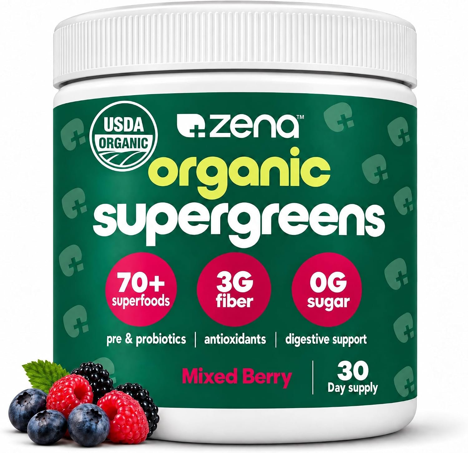 Zena Nutrition Organic Super Greens Powder, 70+ Superfoods, 0 Sugar, 3G Fiber, Spirulina, Chlorella, Antioxidants, Prebiotics/Probiotics, Digestive Enzymes, Mixed Berry, 30 Servings