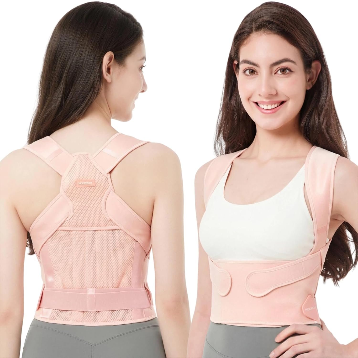 Vicorrect Posture Corrector for Women and Men: Adjustable Back Brace for Upper Back Support – Shoulder Neck Pain Relief – Lightweight Breathable Design (Pink Small)