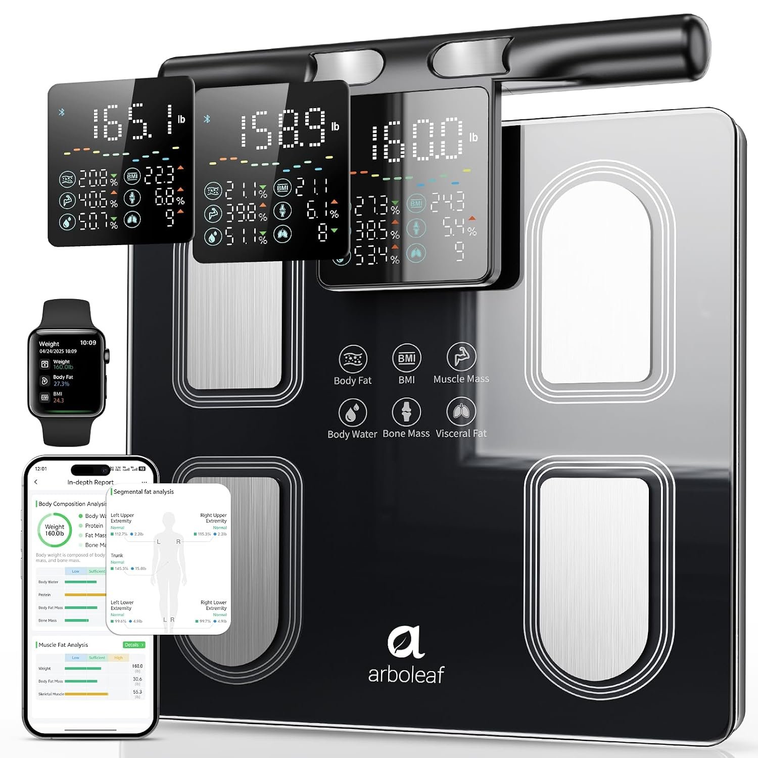 Arboleaf 8-Electrode Body Composition Scale with Handle Display, Black