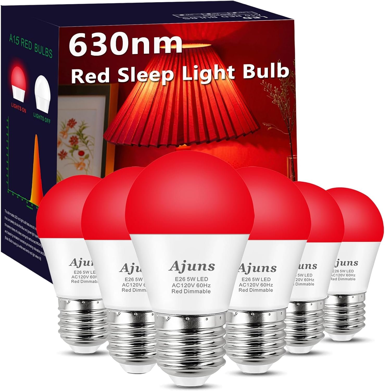 630nm LED Red Sleep Light Bulb Dimmable, Blue Light Blocking Bulb Promoting Melatonin Red Light Bulbs, A15 LED 5W 40W Equivalent Night Light E26 Base 6Pack