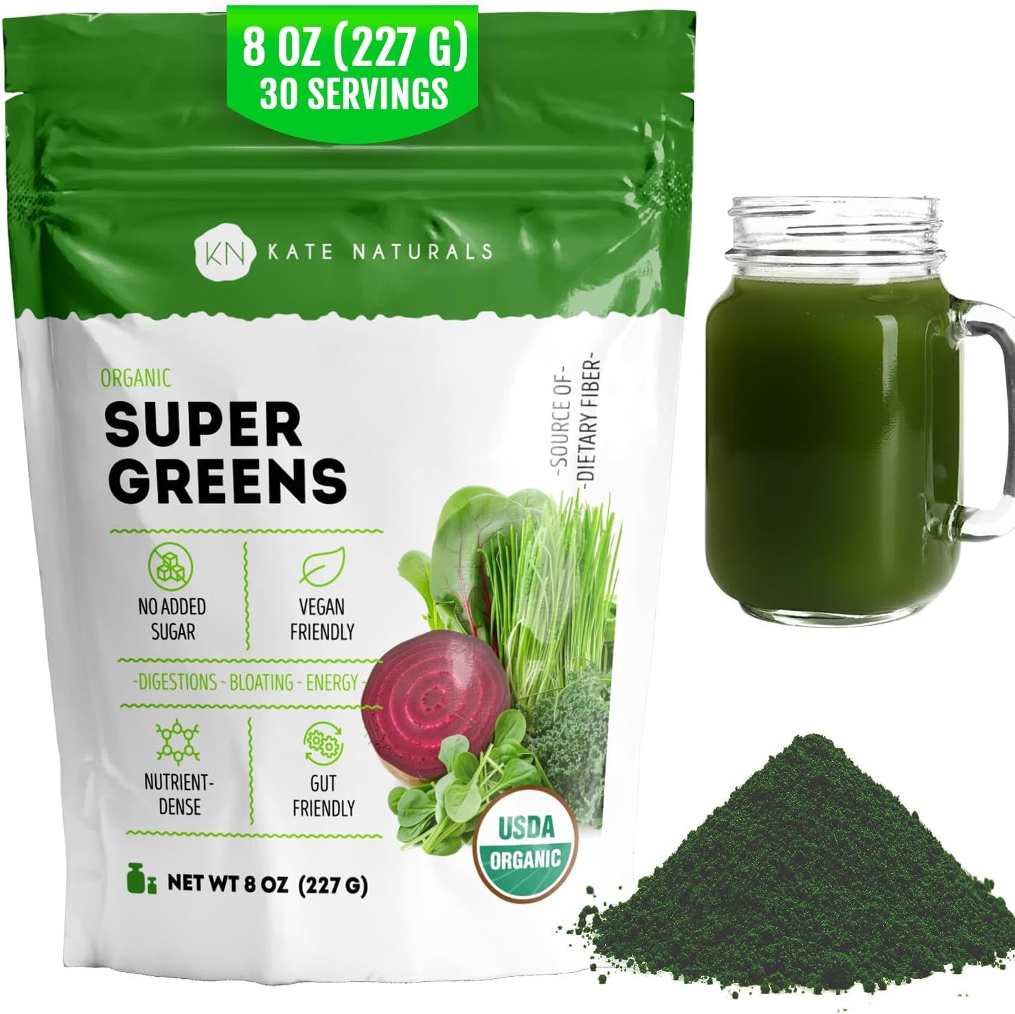 Kate Naturals Organic Super Greens Powder (30 Servings, 8oz, Natural)