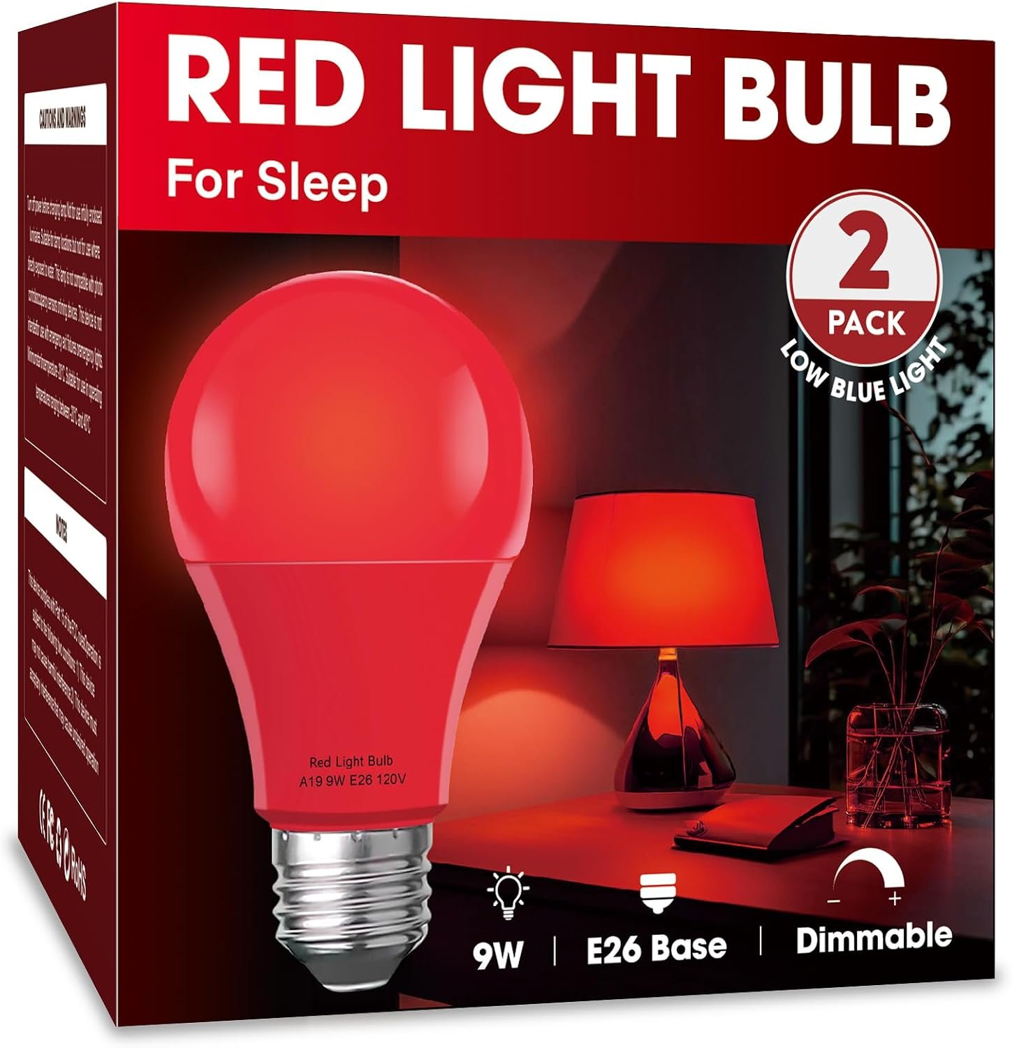 Red Sleep Light Bulb 2 Pack Dimmable A19 9W Red Light Bulbs