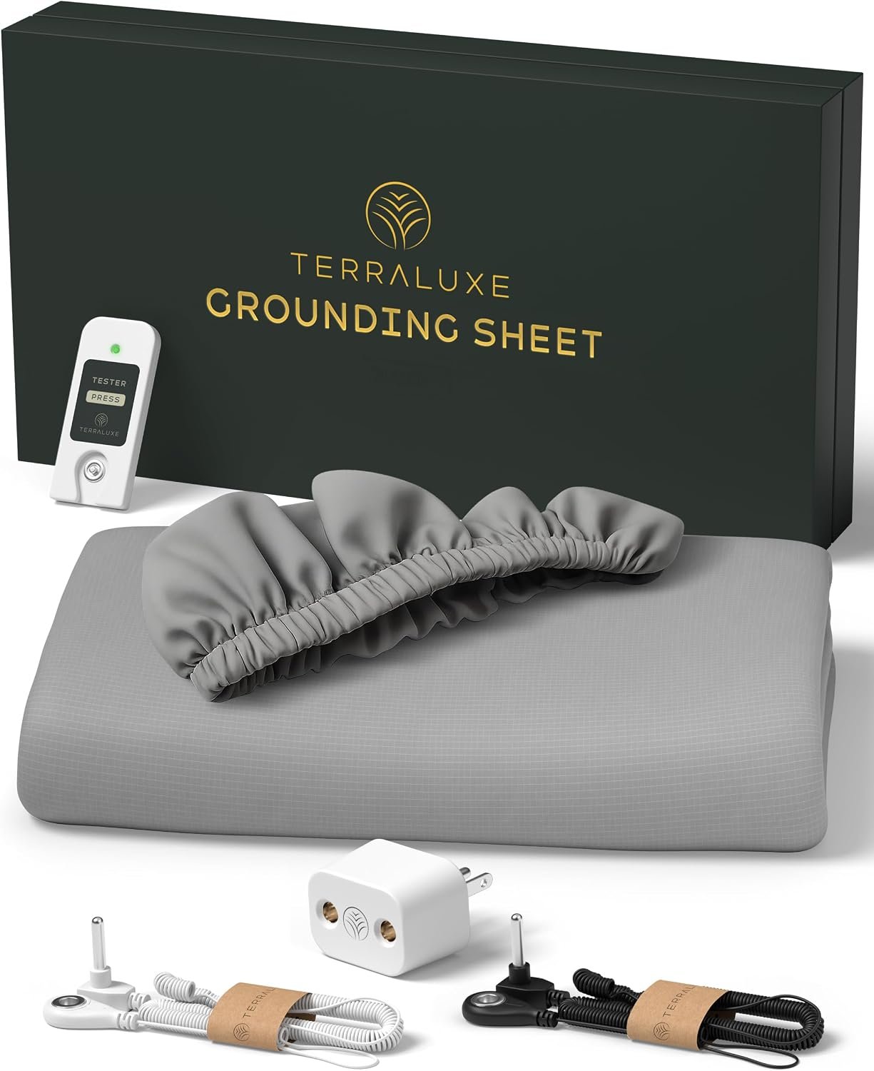 Grounding Sheets Queen, 12% Pure Silver, Organic Cotton, Cool, Soft, Fitted Earthing Sheets with Deep Pockets, Includes Tester, Adapter, 2 Cords, Connected Bedding