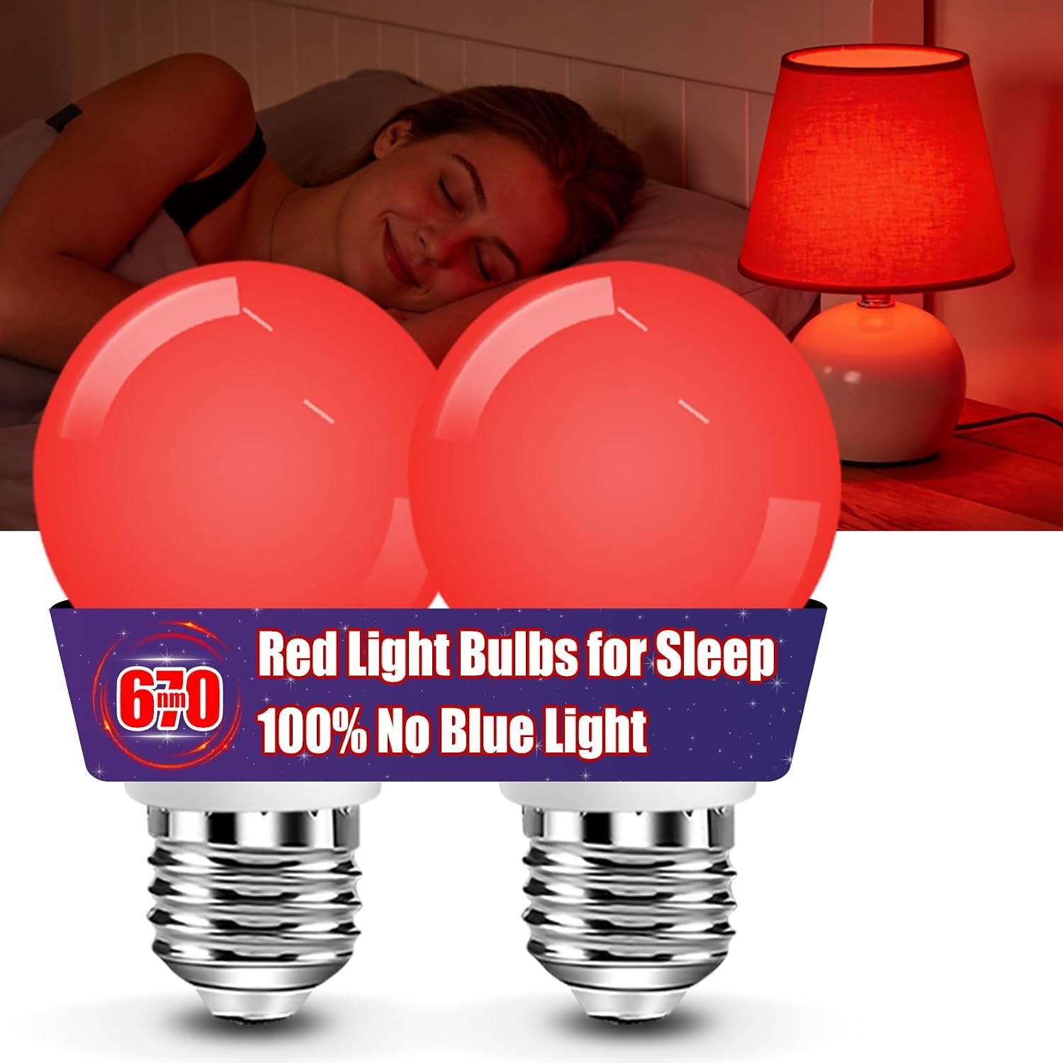 BoRccdit 7W 670nm Red Light Bulbs for Sleep, 100% Blue Light Blocking Bulb, Red Light Night Light for Melatonin Promoting, A15 60W Equivalent Dim Light Bulbs for Bedroom, Baby Nursery, Reading, 2 Pack