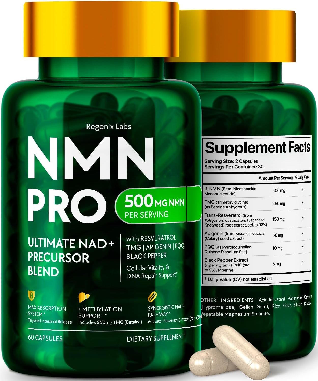 NMN Supplement 500mg – NAD Real Supplement with Resveratrol 6-in-1 Complex