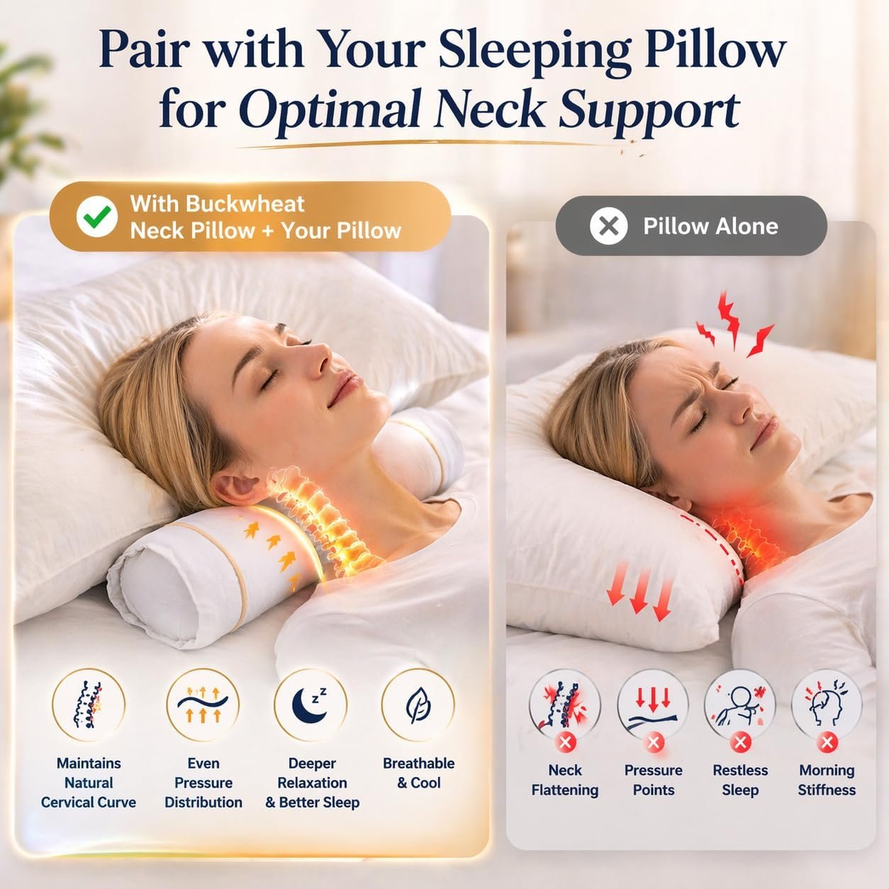 Buckwheat Pillow for Neck Pain, Organic Buckwheat Hull Neck Roll, Adjustable Cervical Support Bolster for Sleeping, 100% Cotton Cover, Breathable & Cooling (Standard Size)