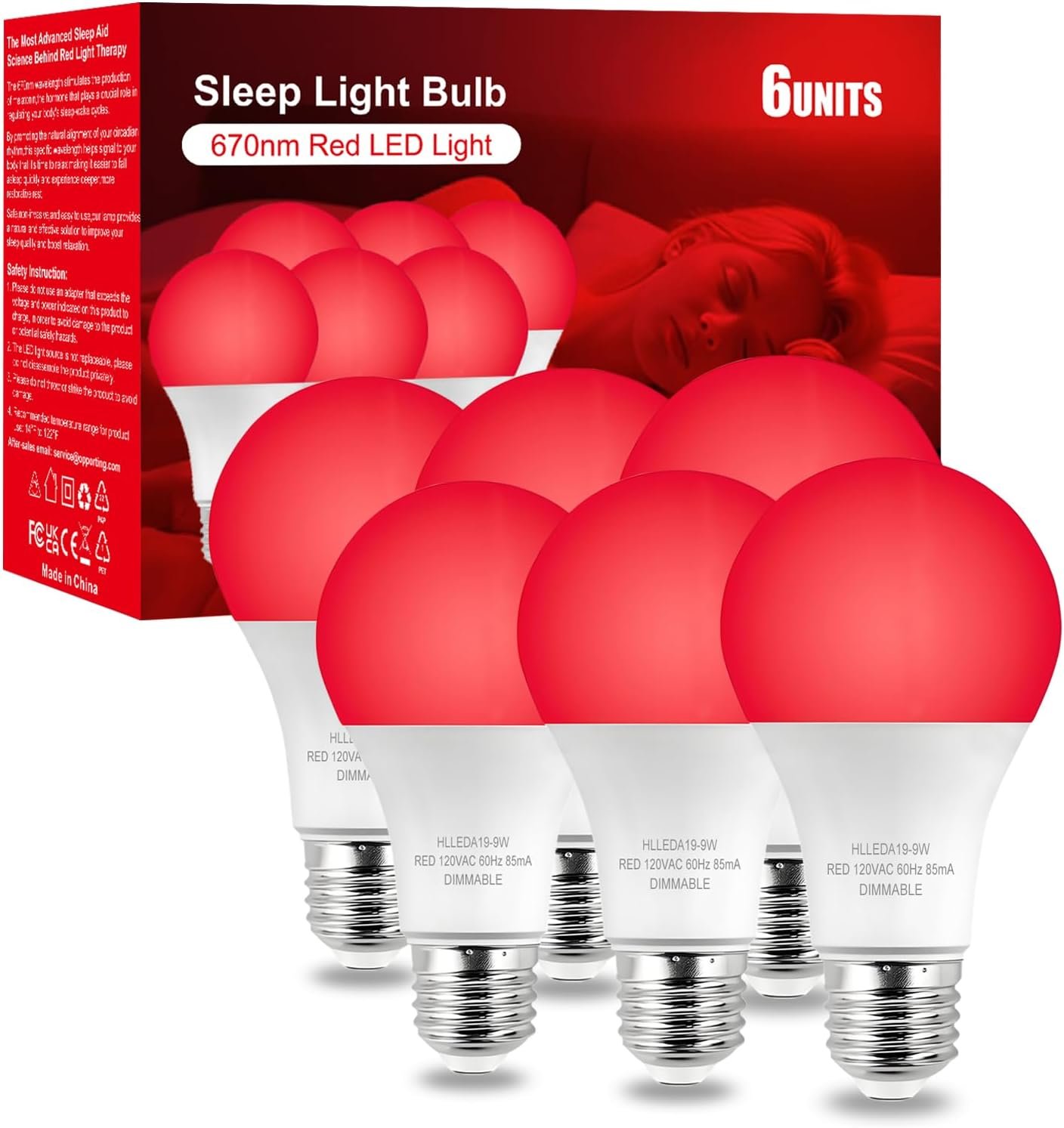Verbeeck 670nm Red Light Bulb,6 Pack 9W E26 A19 Red Light Sleep Therapy Bulb,Dimmable,Melatonin Promoting,Healthy Sleep Light,Night Light for Bedroom,Baby Nursery,Reading