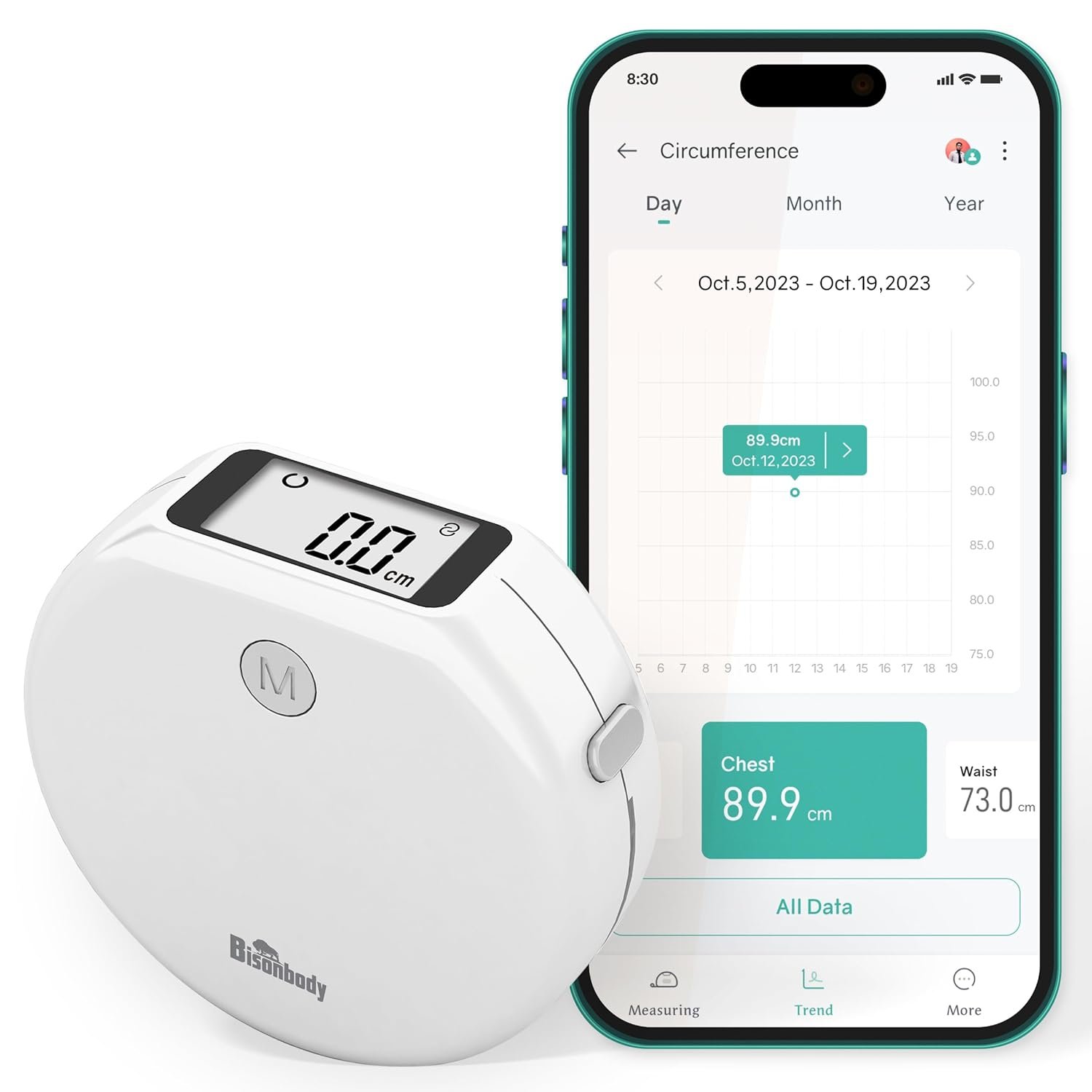 Smart Body Tape for Tracking Fitness Goals, LCD Display 1.5M Long Retractable Bluetooth Digital Tape Measure with 12 Body Parts Tracking Options for Weight Loss, Muscle Gain & Body Fat (White)