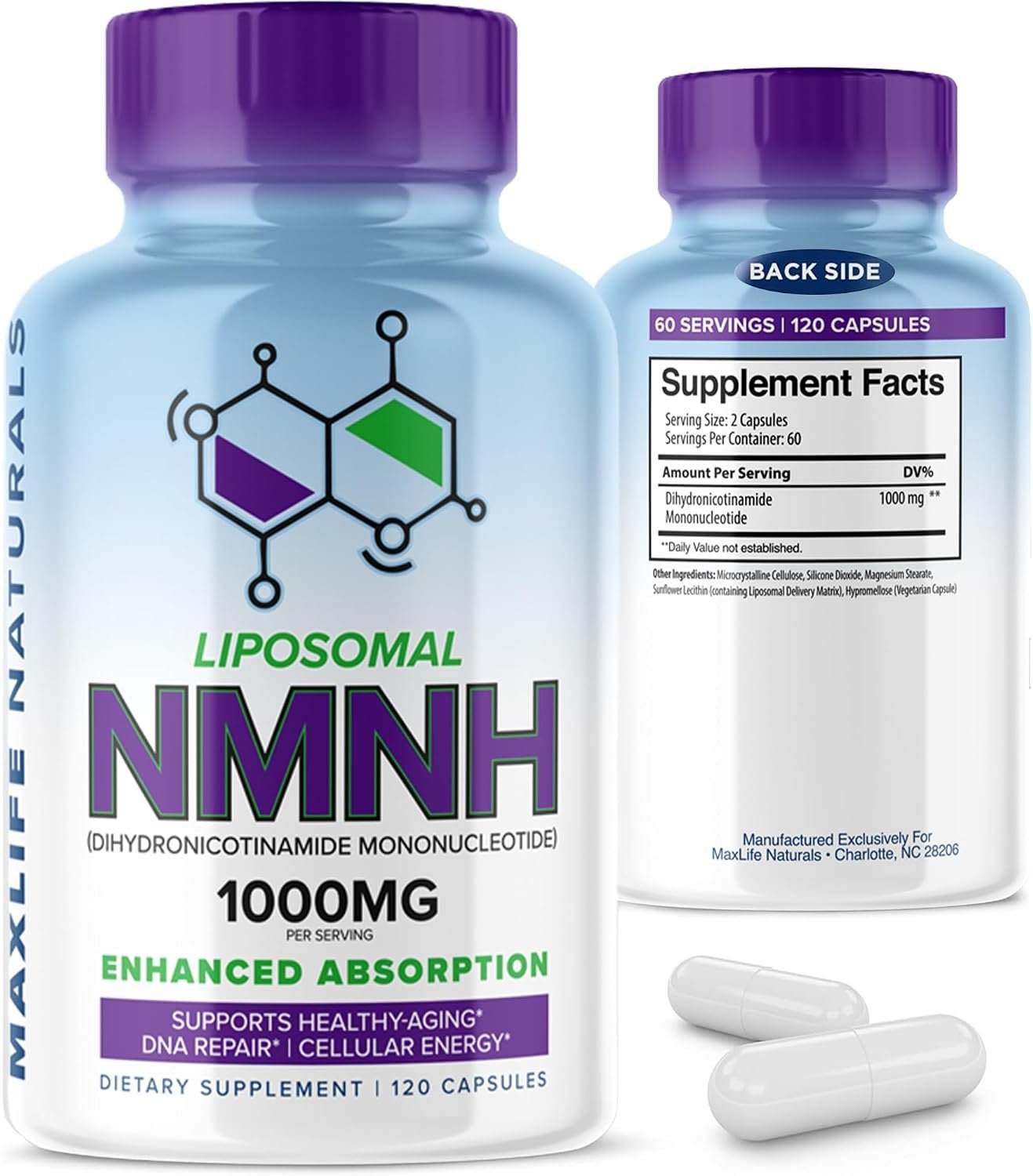 MAXLIFE NATURALS NMNH Supplement 1000mg 120 Capsules Liposomal Formula