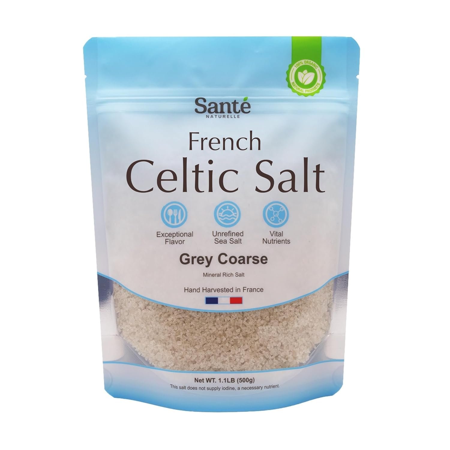 Sante Naturelle Celtic Salt Grey Coarse – 1.1lb (18oz) Unrefined French Sea Salt Organic, Rich in 82+ Minerals Salt, Hand Harvested Sal Celtica