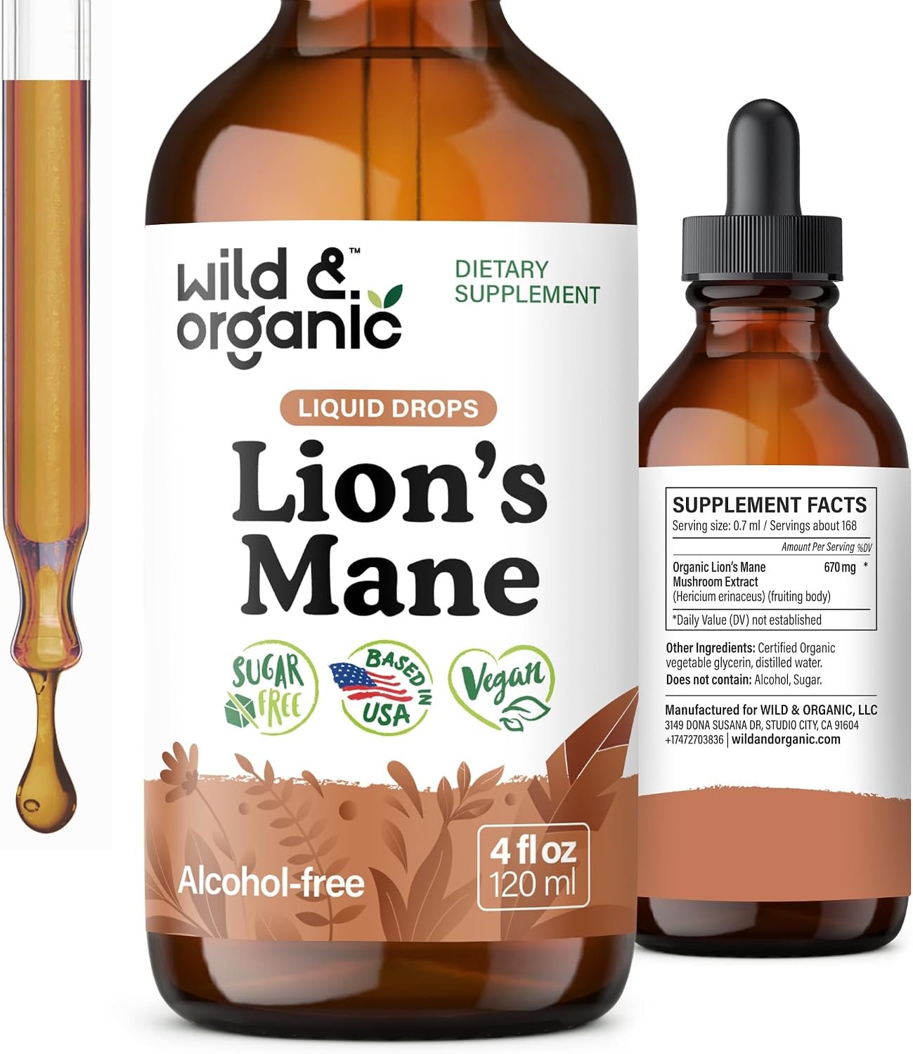 Wild & Organic Lions Mane Liquid Drops – Brain & Focus Support – 4 fl oz