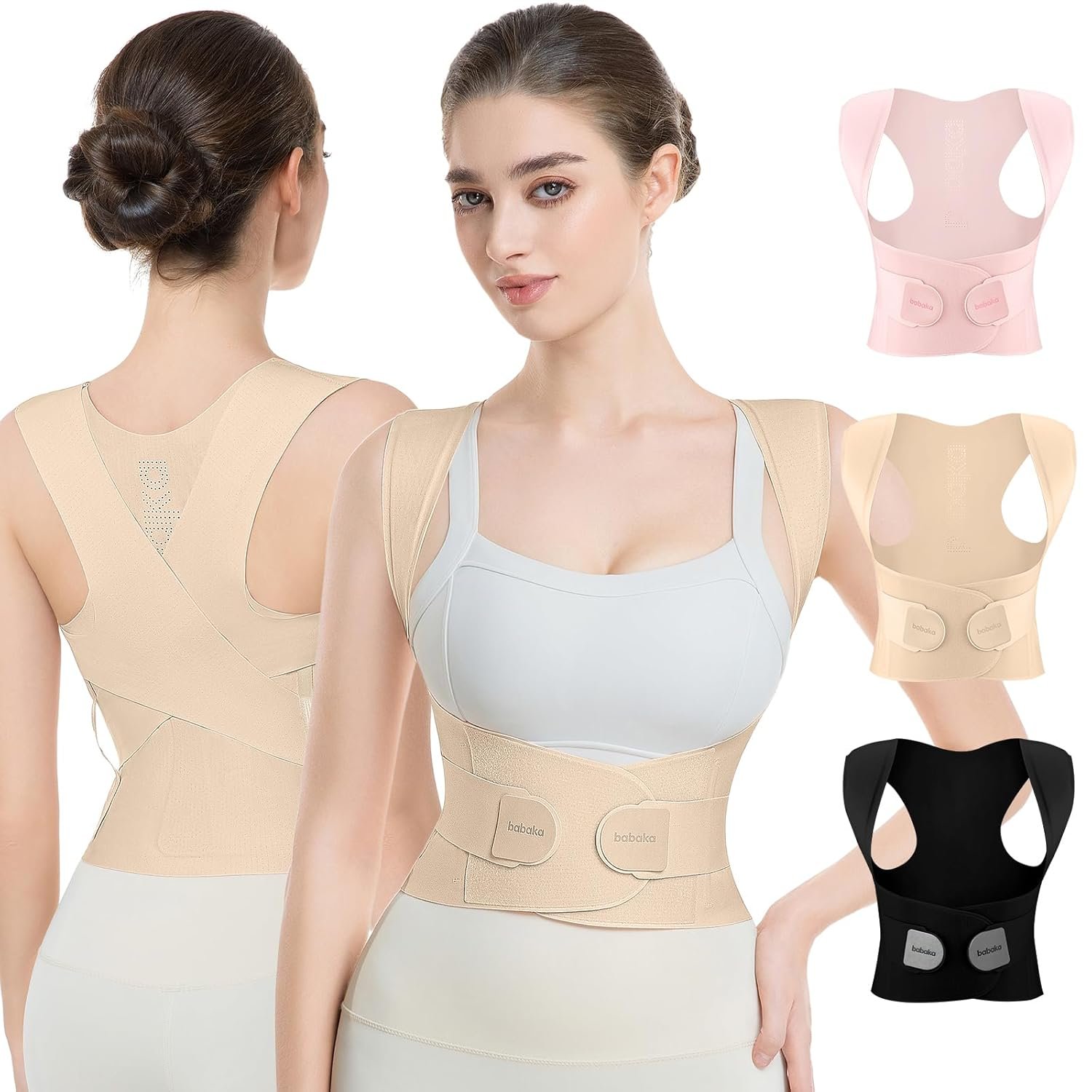 babaka Posture Corrector for Women, Invisible Lightweight Adjustable Back Brace for Upper and Lower Back Pain Relief, Hunchback, Hump, Scoliosis, Thoracic, Spine Corrector Under Clothes (Beige, Small, Waist: 25”-30”)