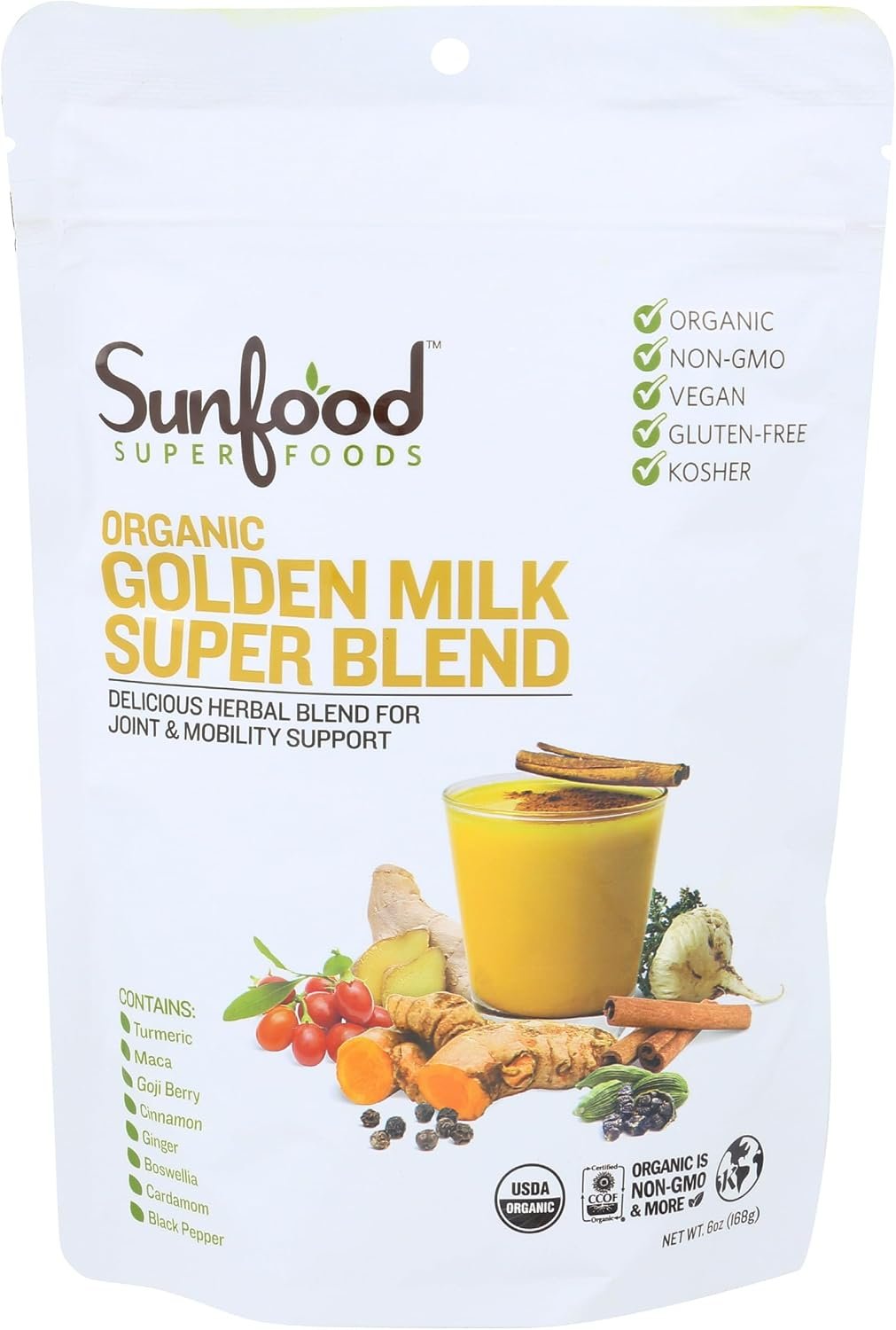Sunfood Superfoods Organic Golden Milk Super Blend – Turmeric Latte Powder Mix with Ginger, Black Pepper, Cinnamon & Cardamom Spices, Vegan, USDA Organic, Gluten Free – 6 oz