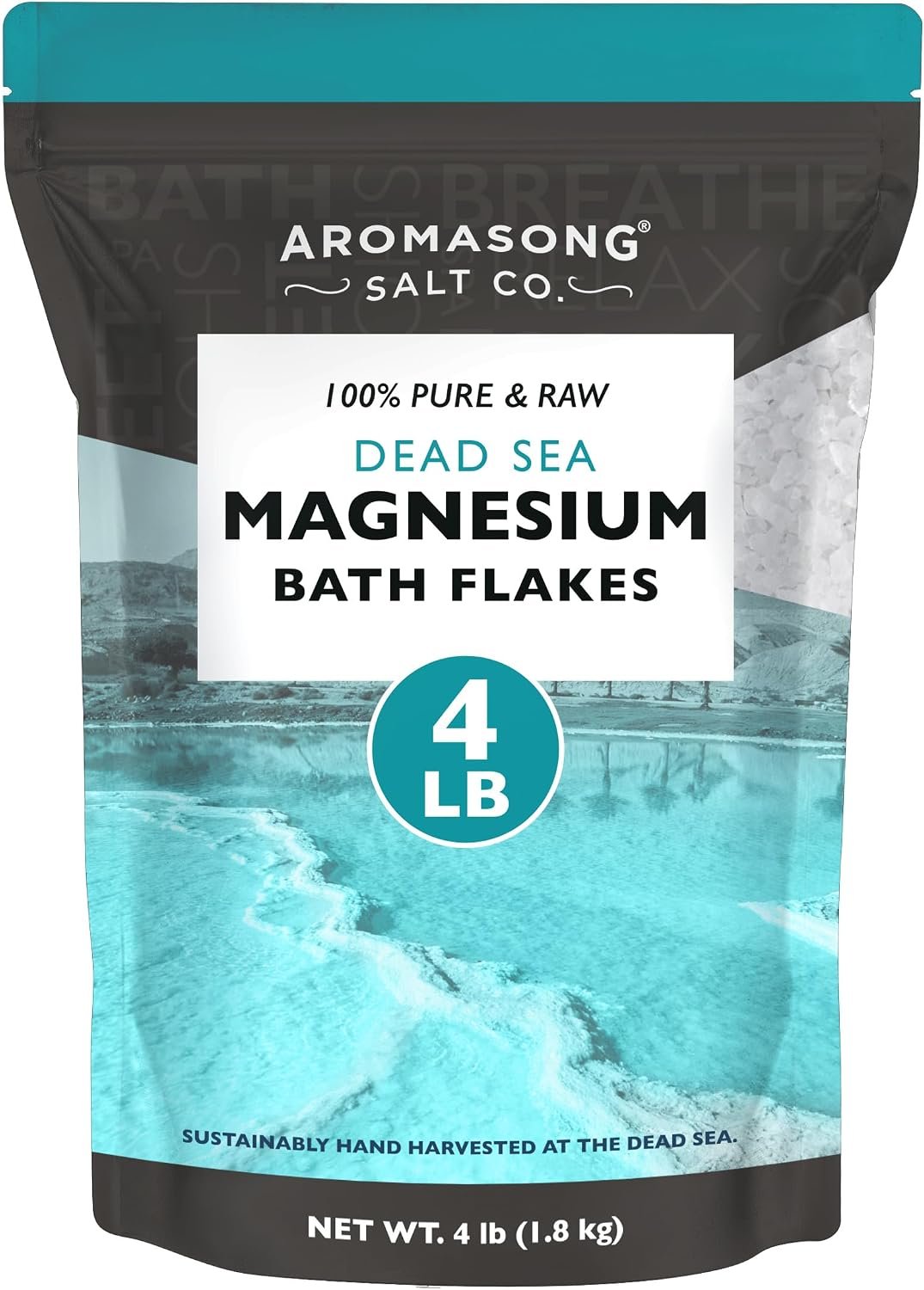 Aromasong Dead Sea Magnesium Flakes for Bath – More Than 16,325 Mg Magnesium Chloride per Bath – Superior Alternative to Epsom Salt – Used as Muscle & Foot Soak – 4 Lb Bag
