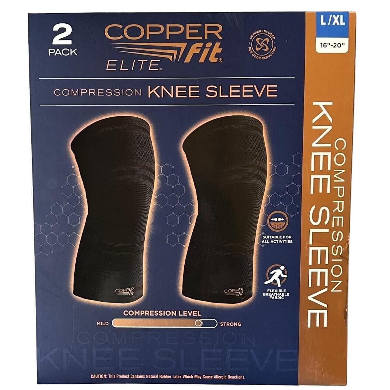 Copper Fit Elite Knee Compression Sleeve Knee Brace 2-Pack, Black (Large/X-Large, 16”-20”),2.0 Count